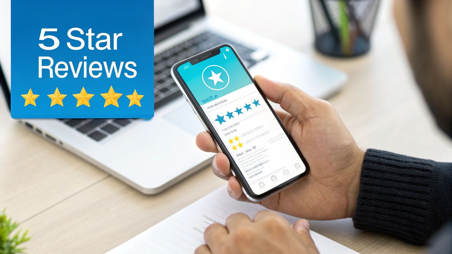 A person holds a smartphone displaying a 5-star review app, with a '5 Star Reviews' sign nearby, emphasizing excellent customer feedback.
