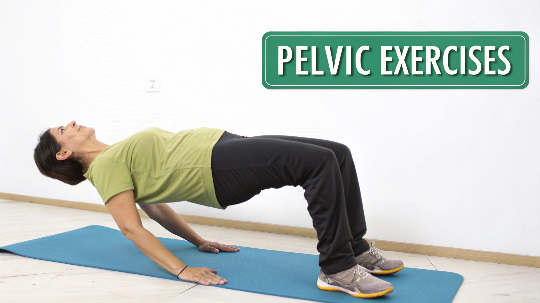 A woman performs pelvic floor exercises, doing a bridge pose on a blue yoga mat.
