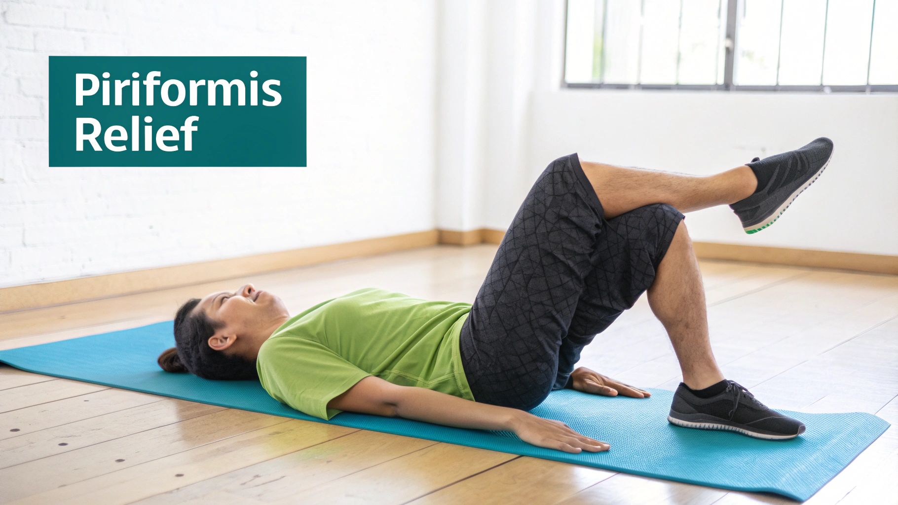 A person lies on a blue yoga mat performing a piriformis stretch with one leg crossed, for relief.