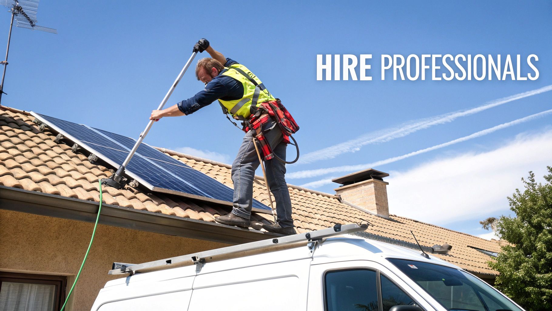 A professional cleaner using a long brush to clean solar panels on a residential roof, with a van below.