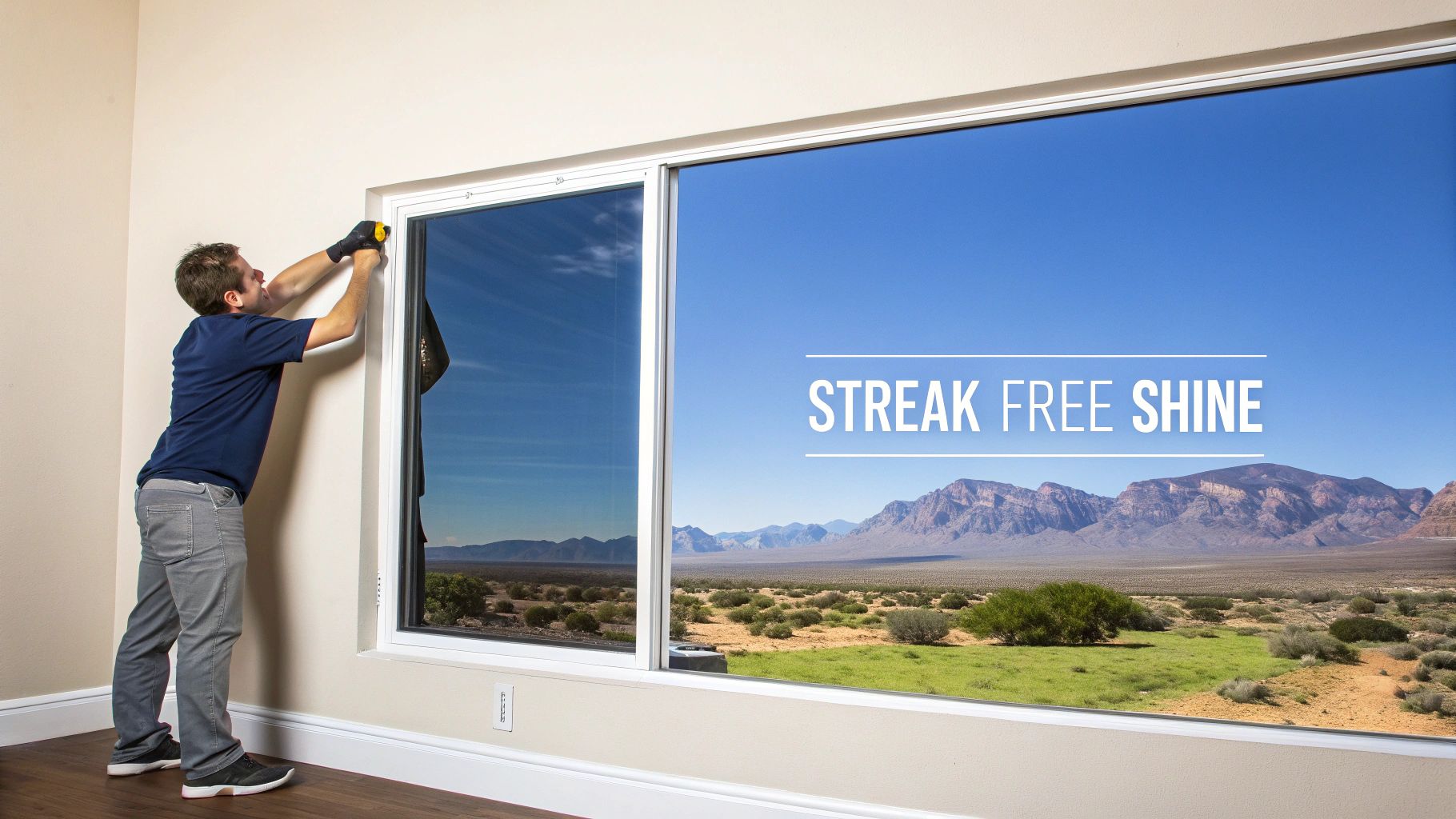 Man applying window film for a streak-free shine, overlooking a scenic desert landscape.