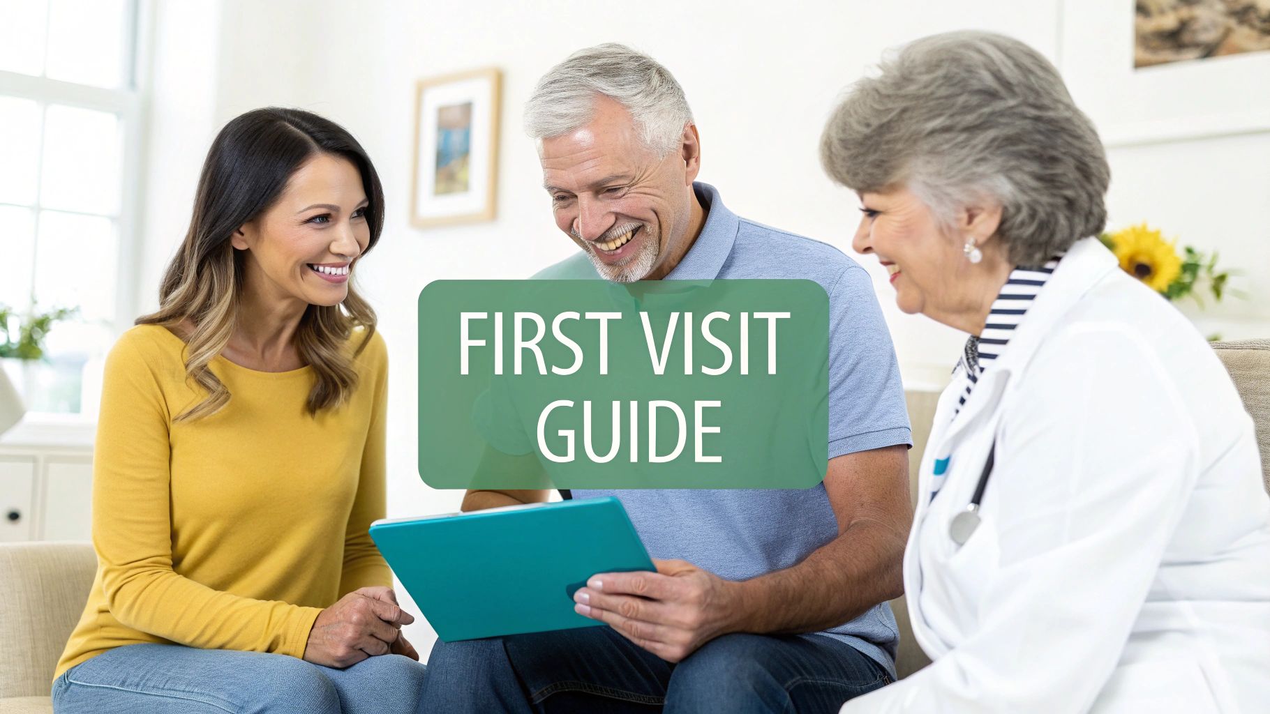 A smiling couple and a female doctor looking at a tablet, with a 'First Visit Guide' overlay.