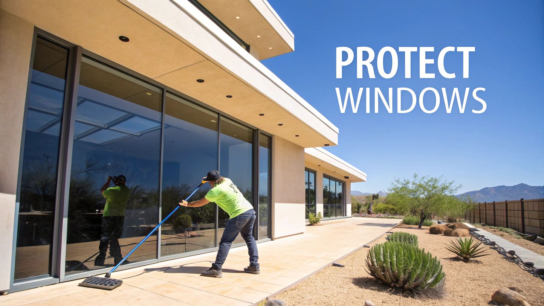 Man cleaning large windows of a modern desert home with a long pole, emphasizing window protection.