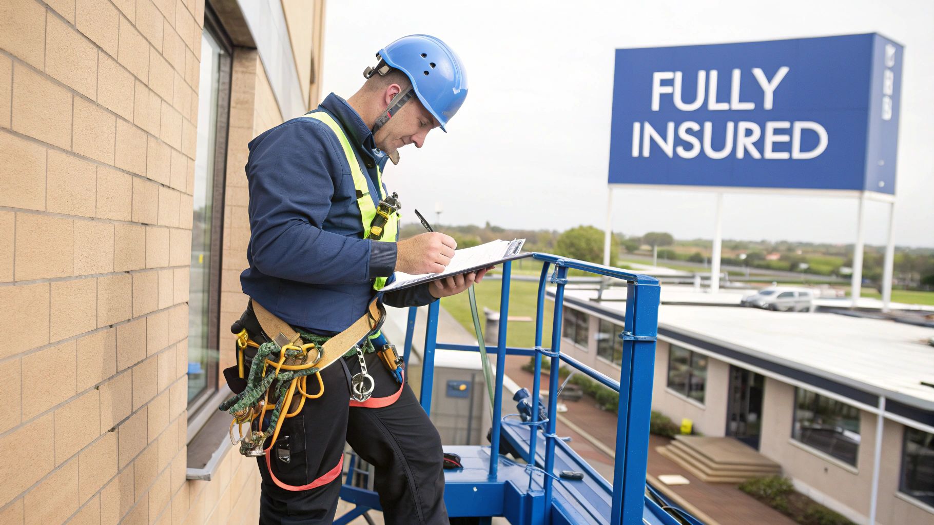 A worker in safety gear on a lift inspects a building, with a 'FULLY INSURED' sign in the background.