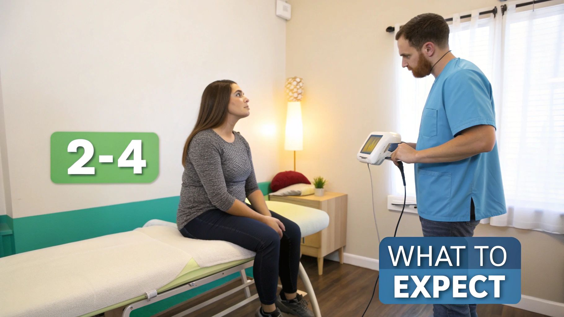 A healthcare professional demonstrates a cold laser therapy device to a female patient in a clinic.