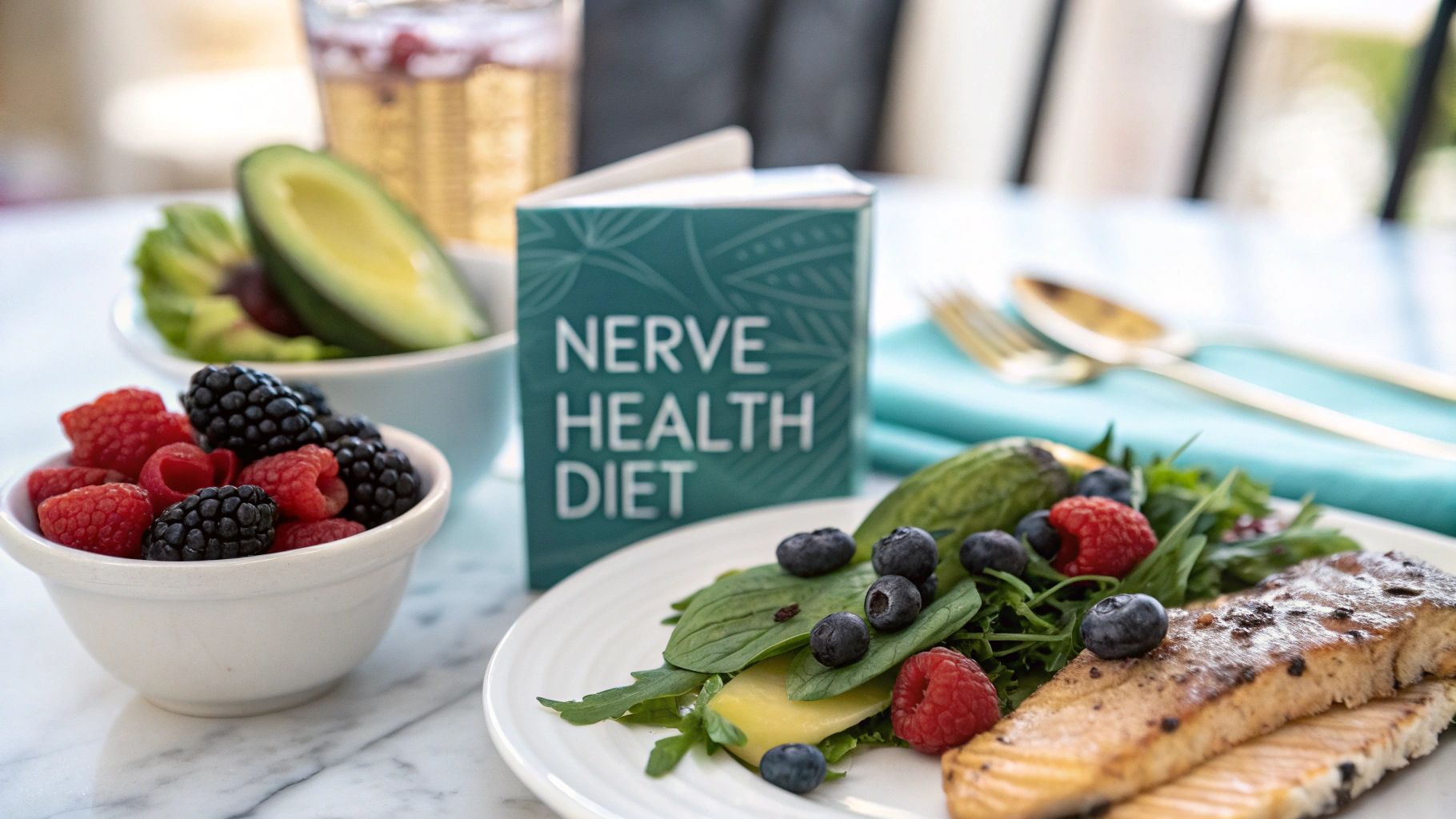A healthy meal with grilled salmon, berry salad, and a book titled 'Nerve Health Diet'.