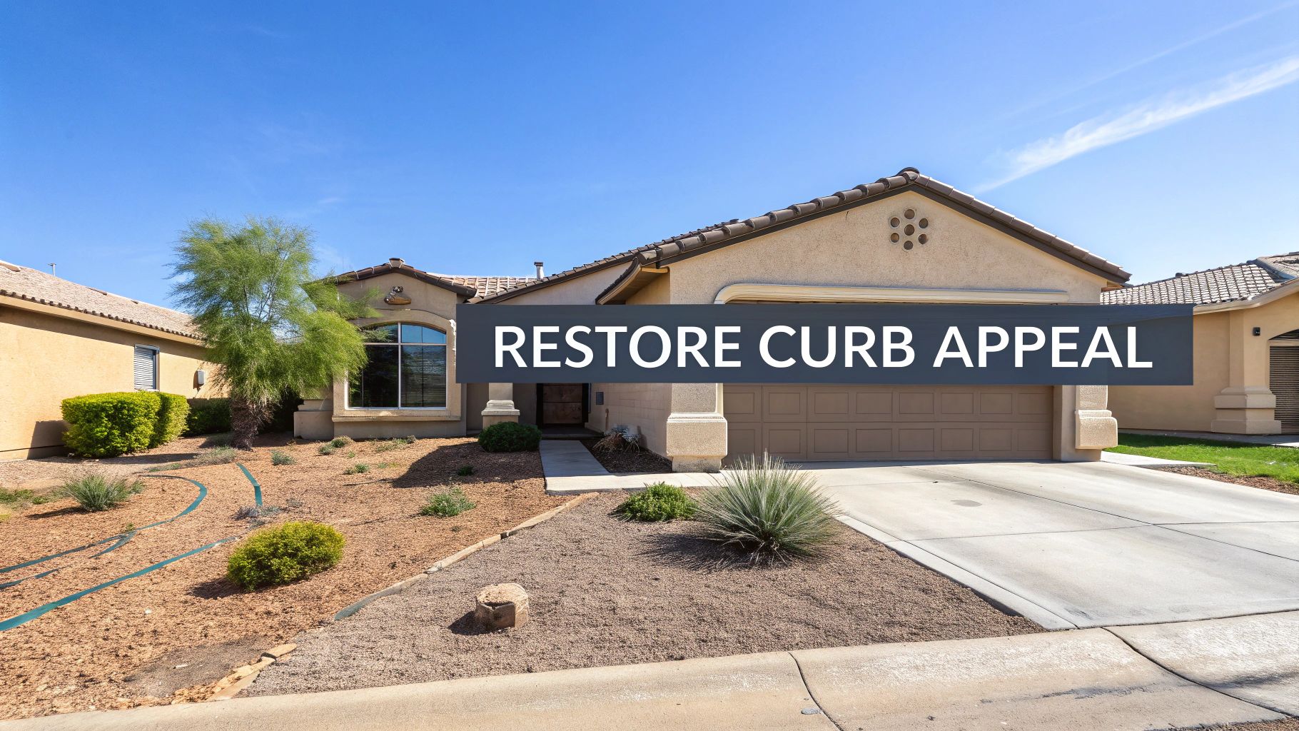 Front view of a house with a text overlay 'RESTORE CURB APPEAL' and a desert garden.
