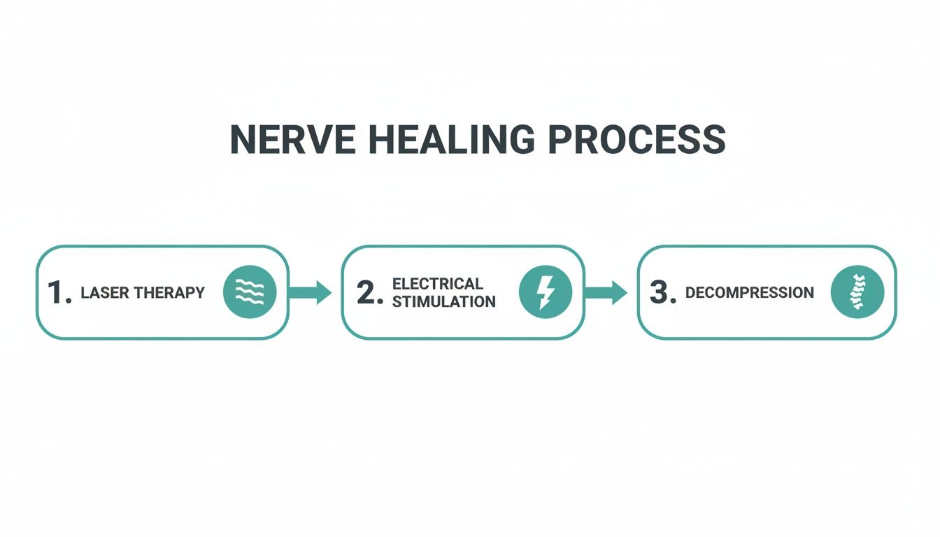 Diagram illustrating the three-step nerve healing process: laser therapy, electrical stimulation, and decompression.