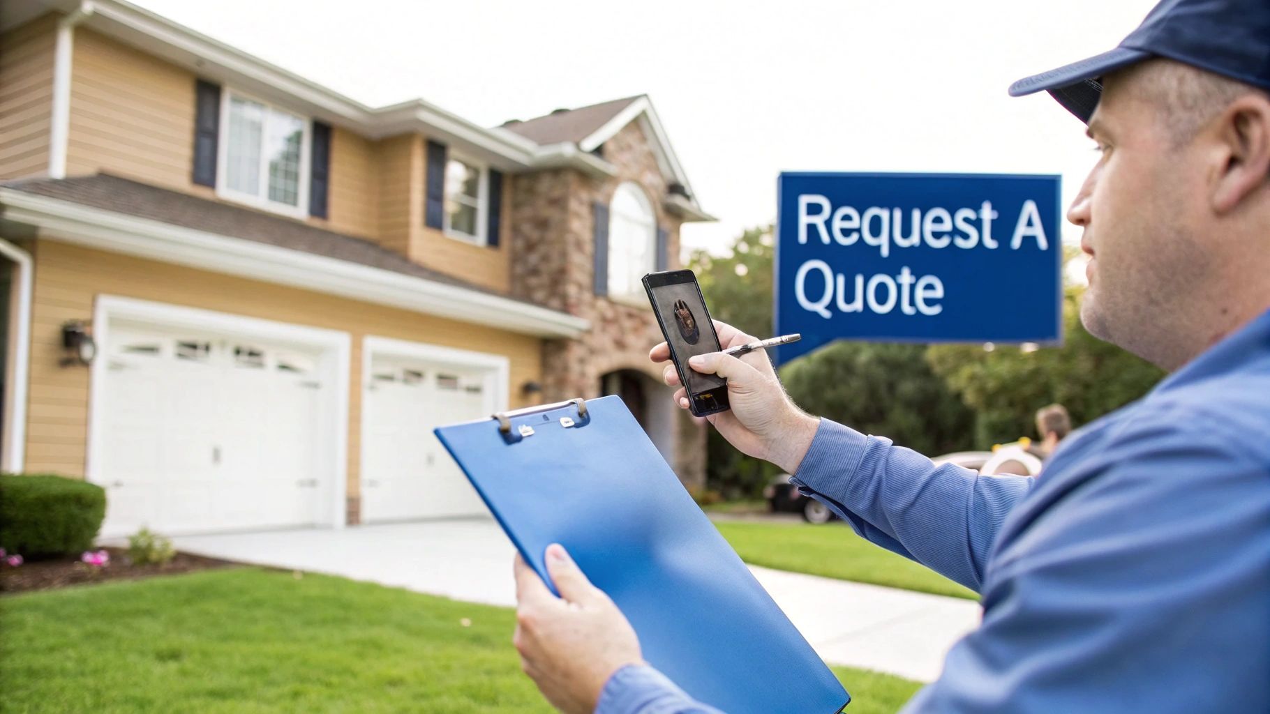 A service technician holds a smartphone and clipboard in front of a house with a "Request A Quote" sign.