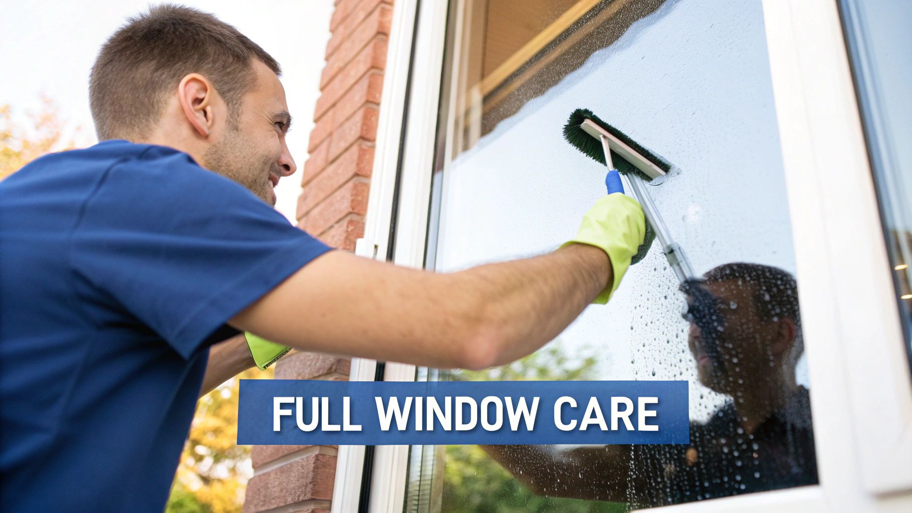 A man in a blue shirt and green gloves actively cleans a window with a brush, promoting 'Full Window Care'.