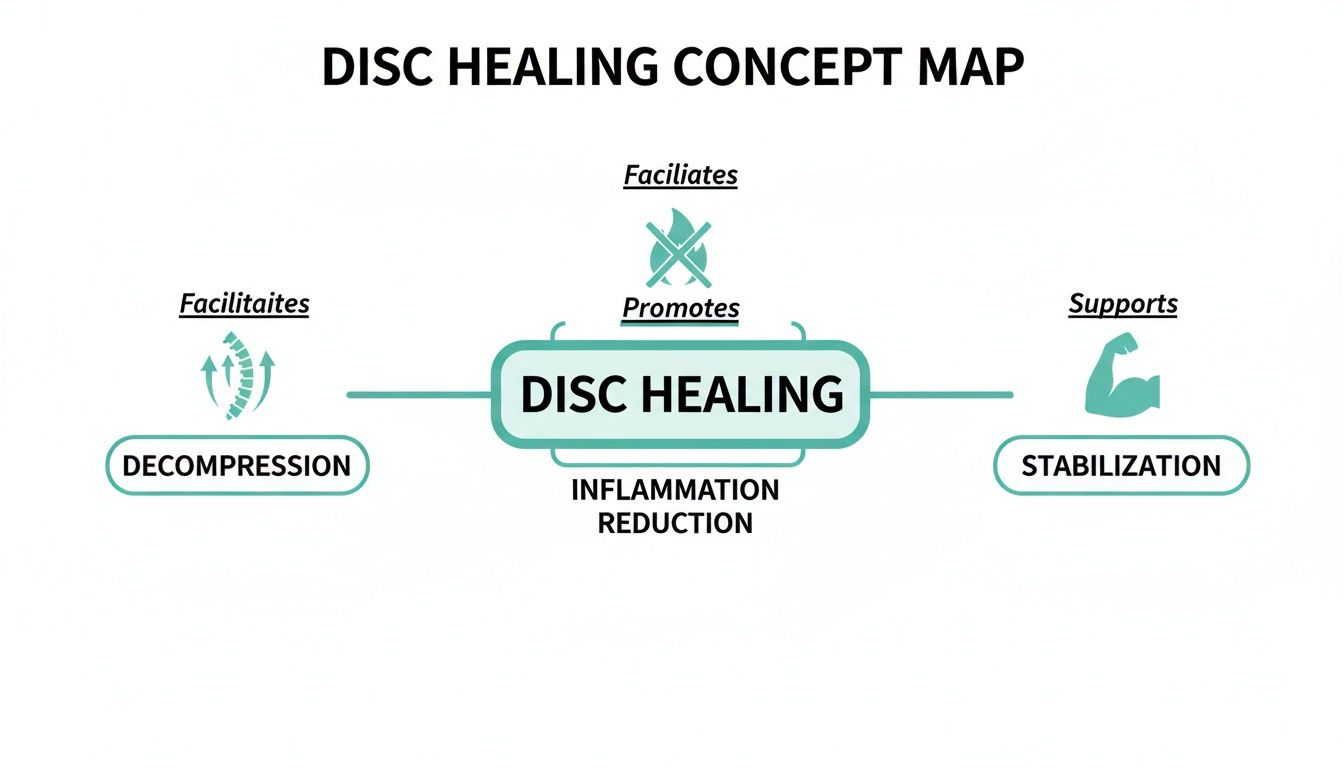 A concept map showing disc healing, facilitated by decompression, inflammation reduction, and stabilization.