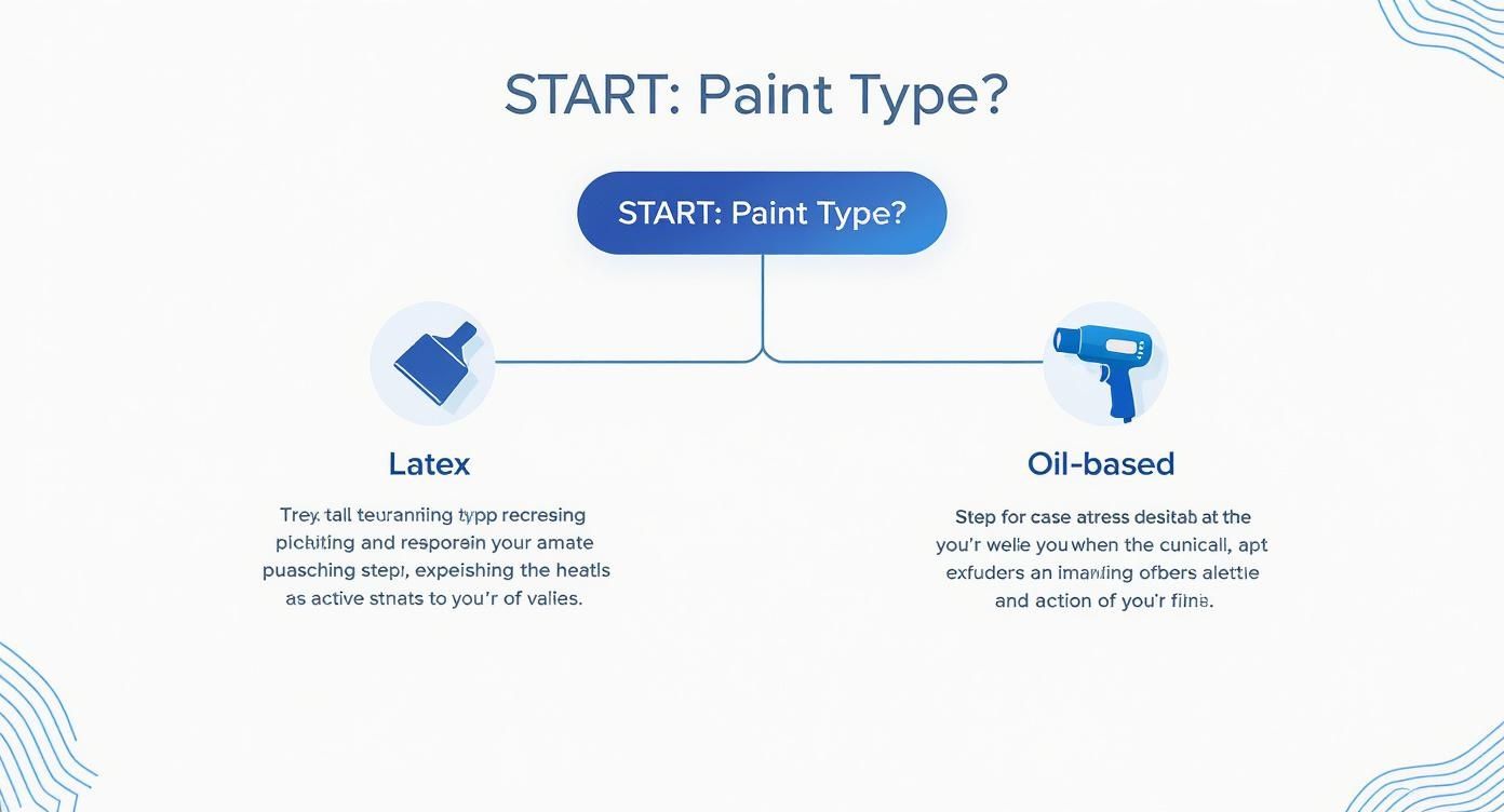 Flowchart comparing Latex and Oil-based paint types, with descriptions and corresponding tools.
