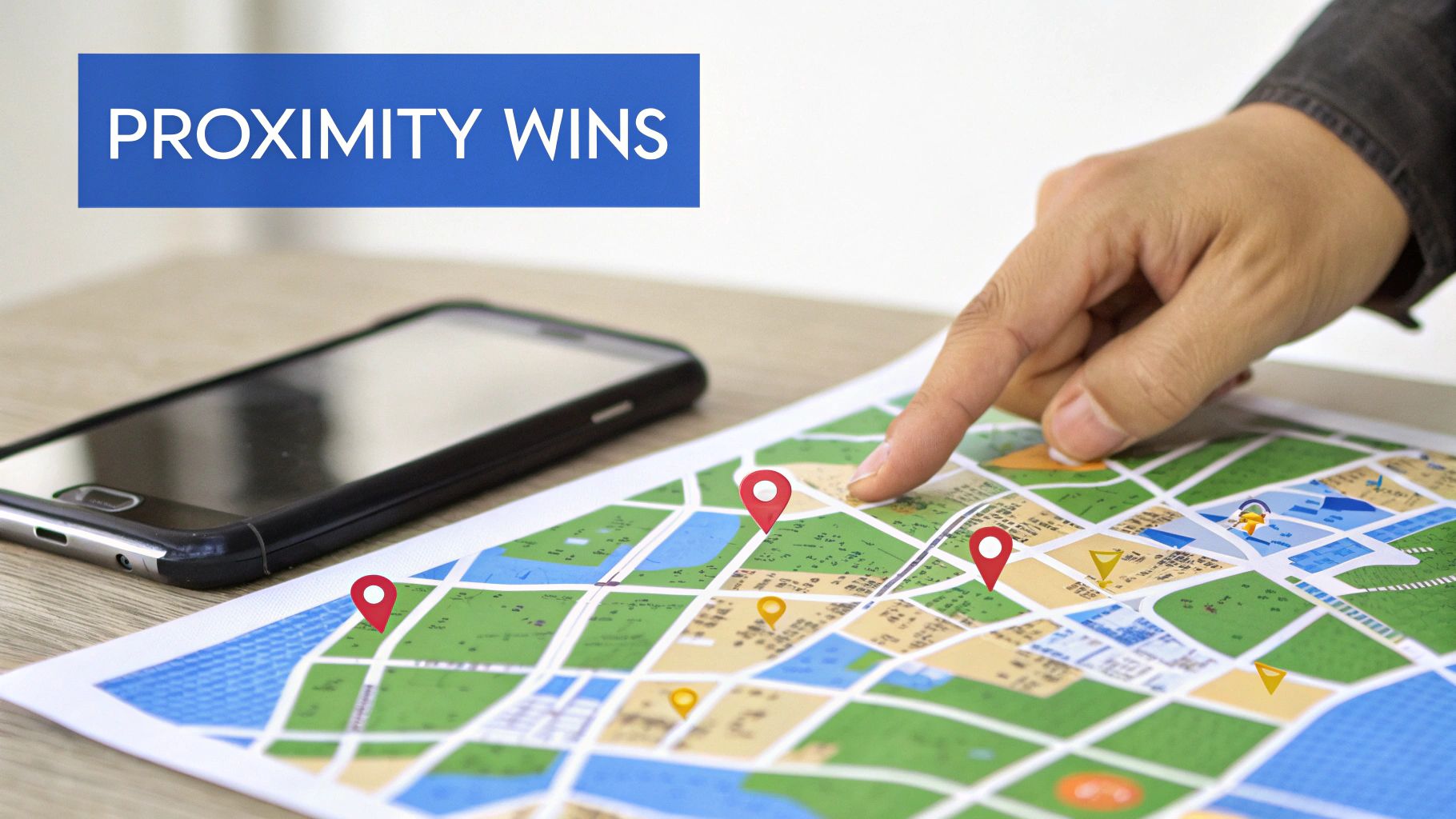 A hand points at a paper map with red location pins and a smartphone, highlighting 'PROXIMITY WINS'.