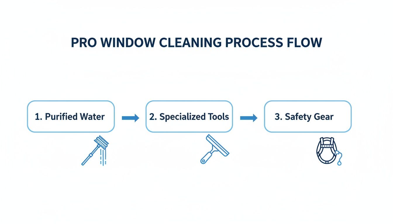 A diagram illustrating the pro window cleaning process flow with steps for purified water, specialized tools, and safety gear.