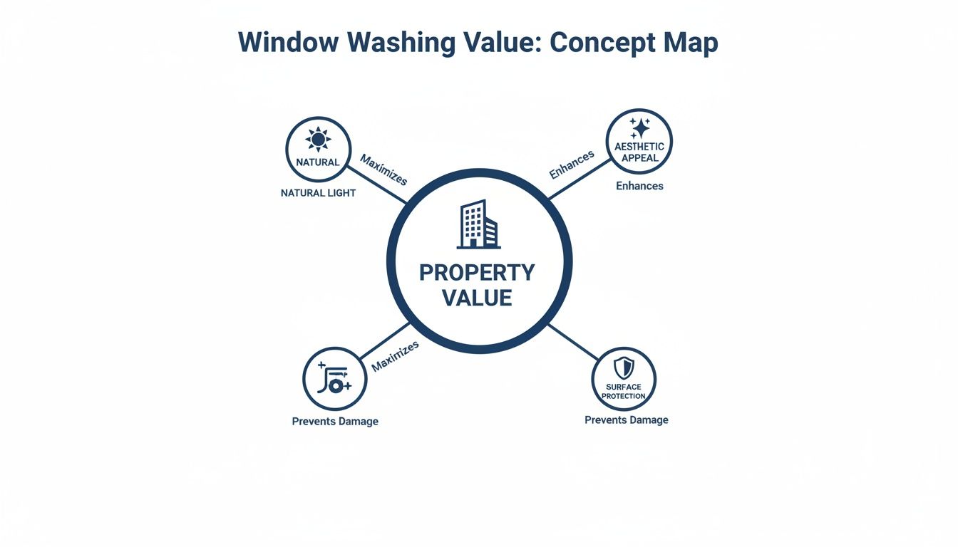 Concept map illustrating how window washing enhances property value through natural light, aesthetics, and protection.