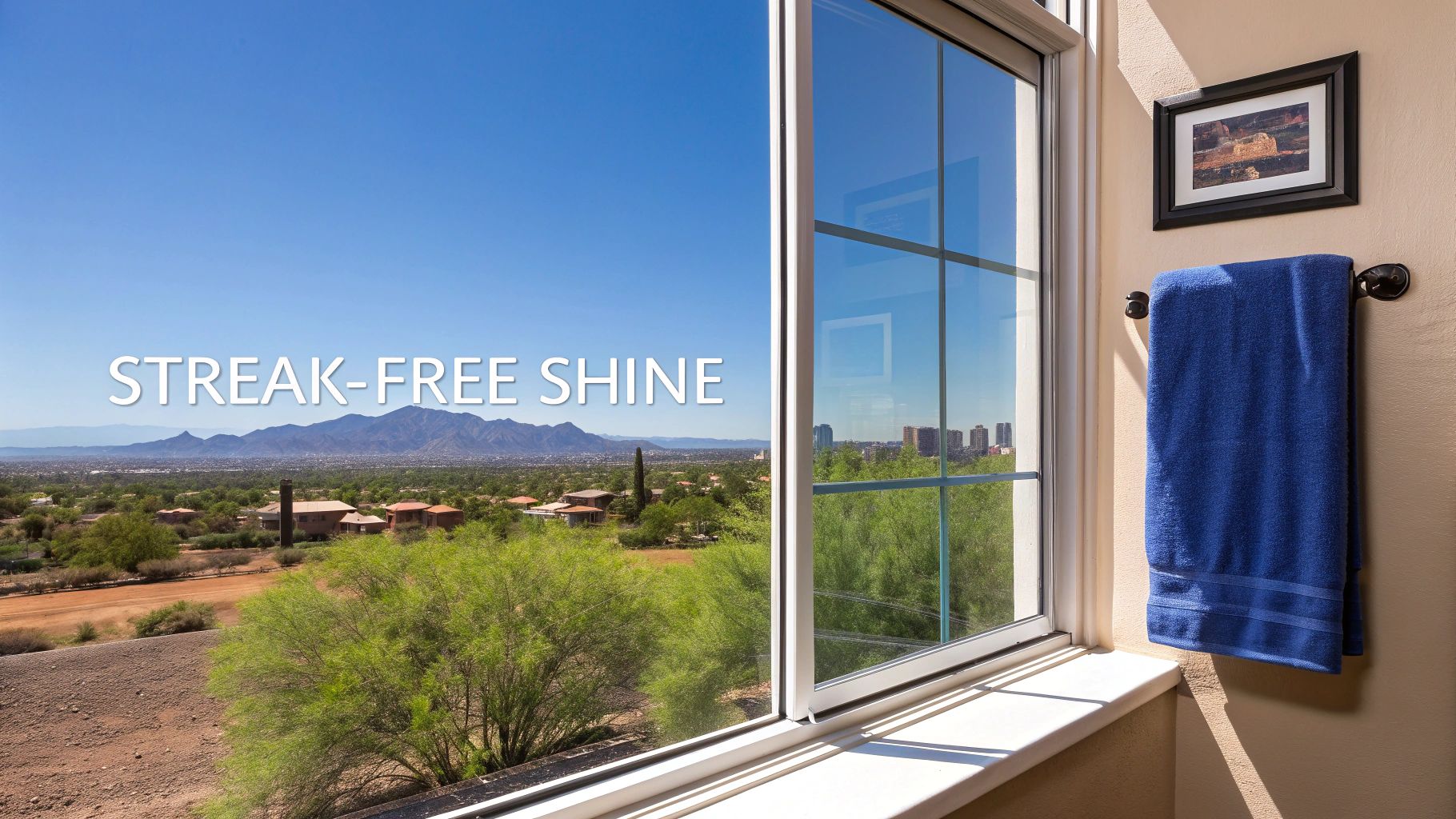 A bright, streak-free window offering a clear view of a desert landscape, mountains, and buildings.