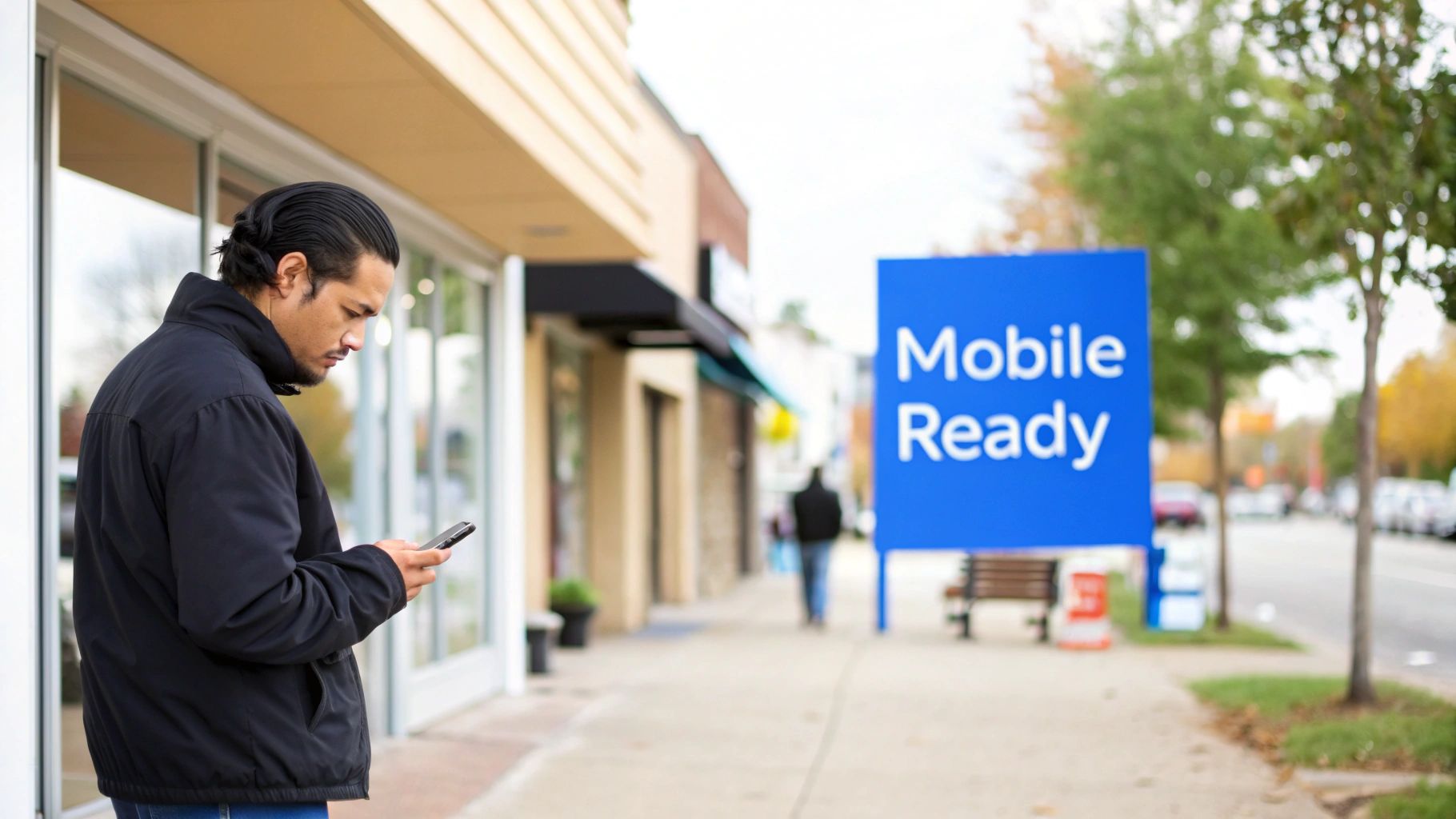 A man in a black jacket looking at his smartphone on a sidewalk, with a "Mobile Ready" sign in the background.