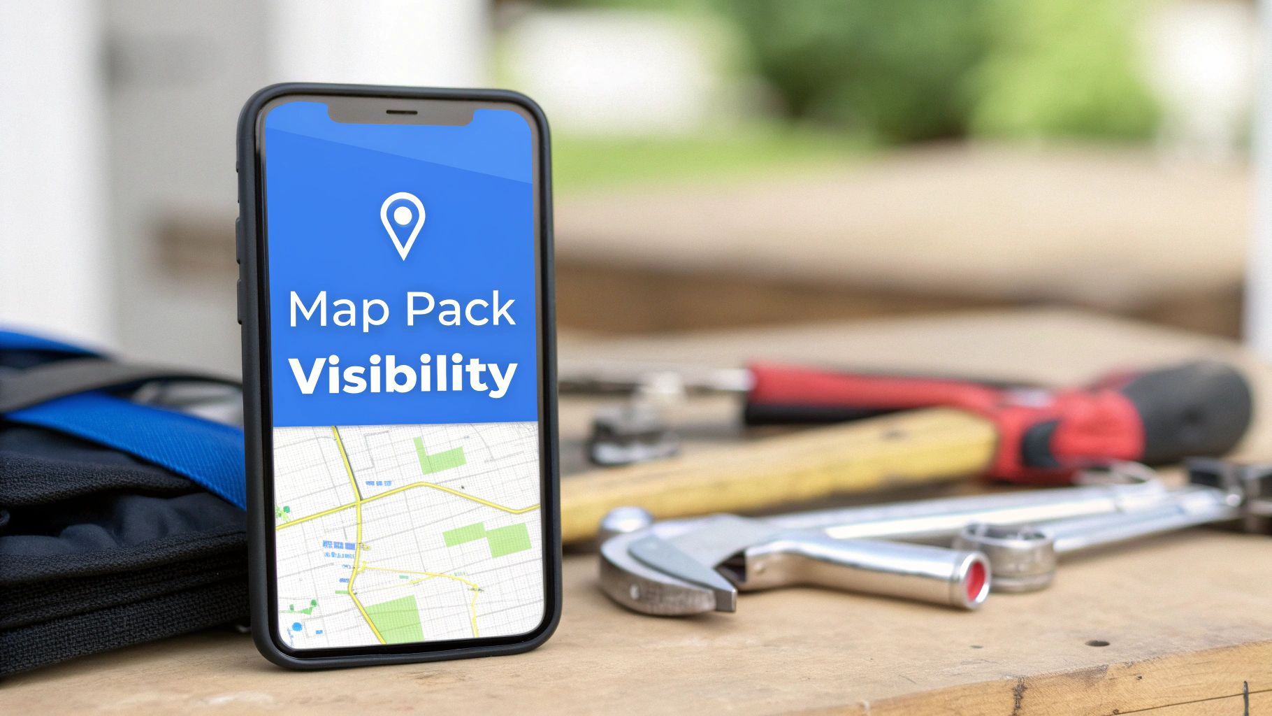 Close-up of a phone showing "Map Pack Visibility" and a map, with construction tools nearby.