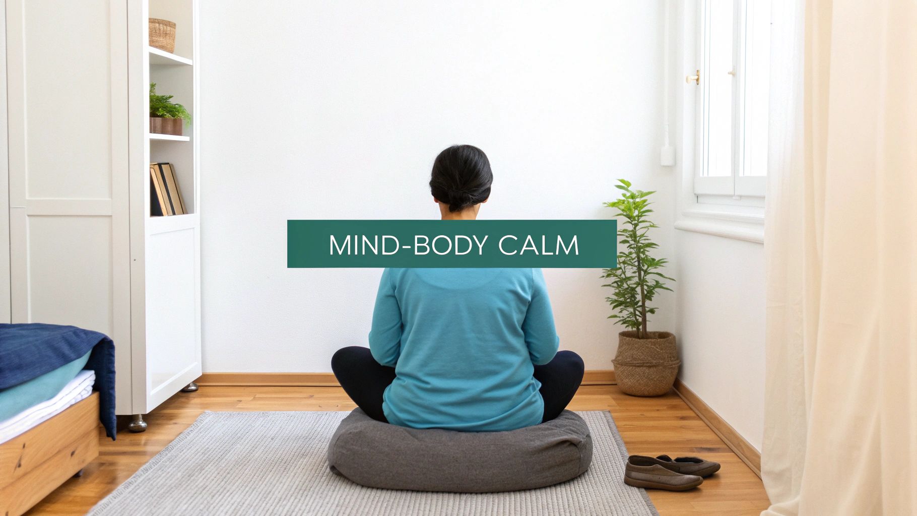 A person meditating in a peaceful room with a white shelf, plant, and window, promoting mind-body calm.