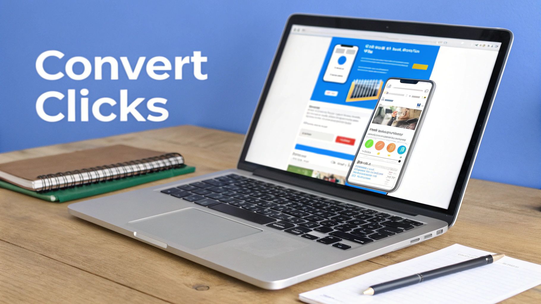 A laptop and smartphone display digital marketing content on a wooden desk with notebooks and a pen.