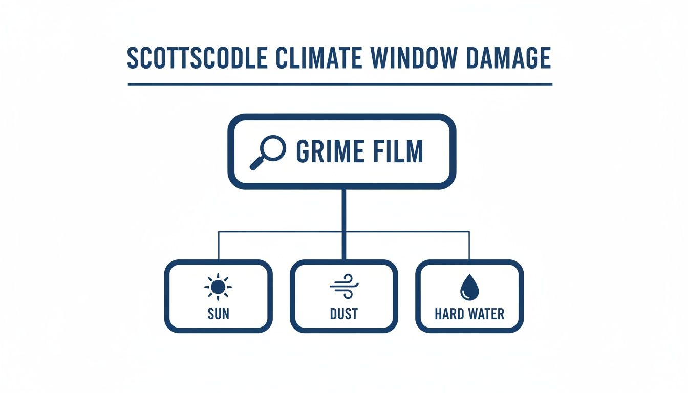 Flowchart showing Scottsdale climate window damage leading to grime film caused by sun, dust, and hard water.
