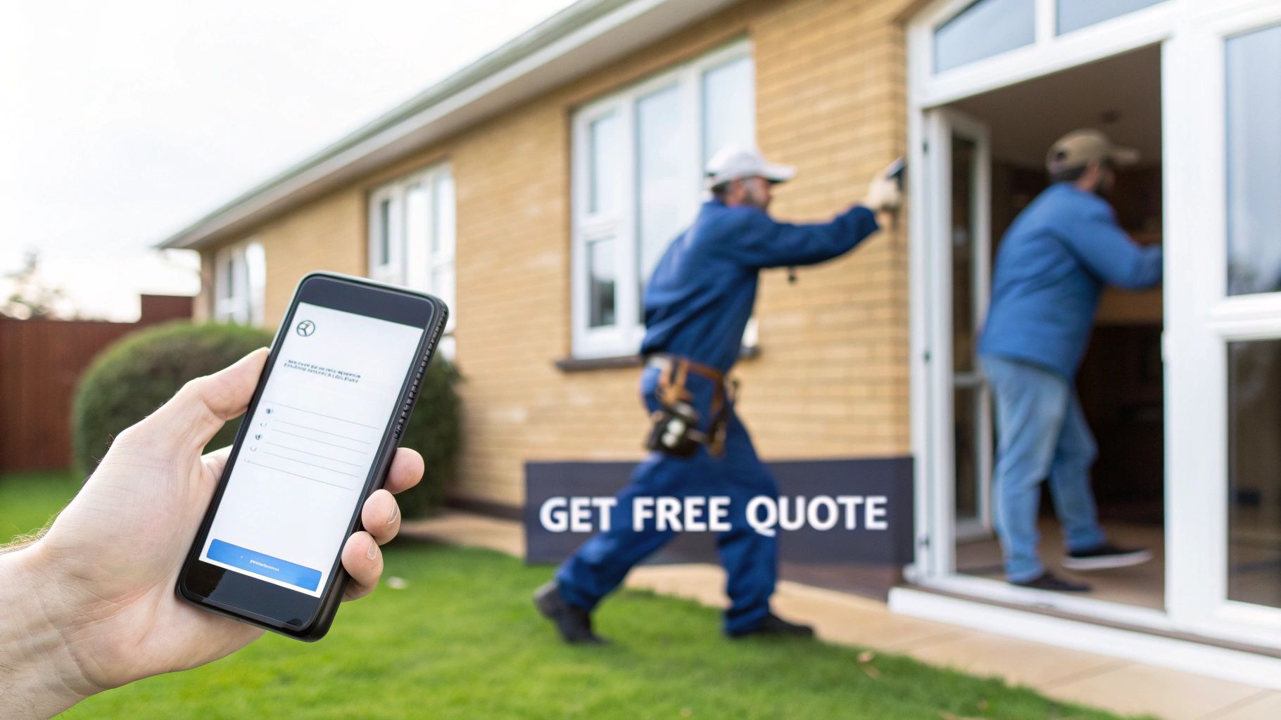 Hand holding smartphone with a service quote app, while professionals clean windows of a brick house.