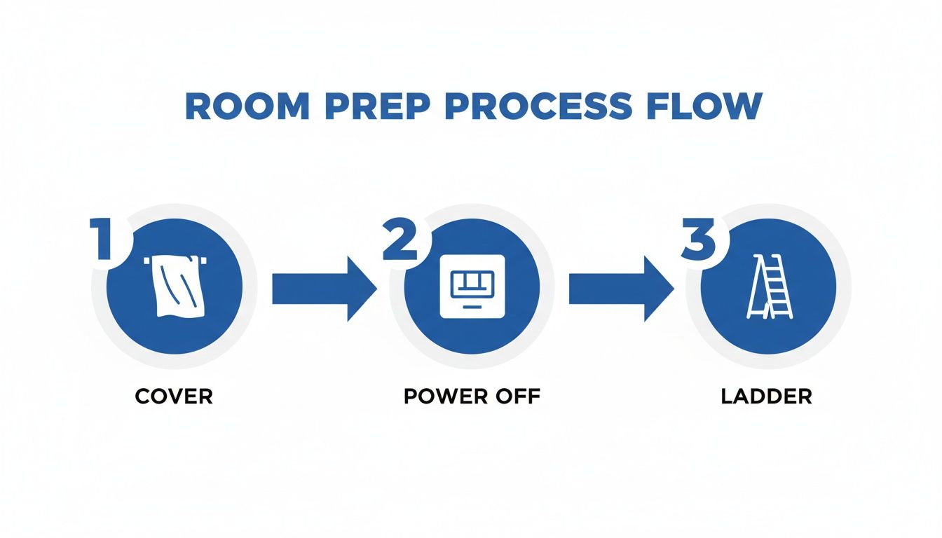 A three-step process flow diagram for room preparation: cover, power off, and ladder.