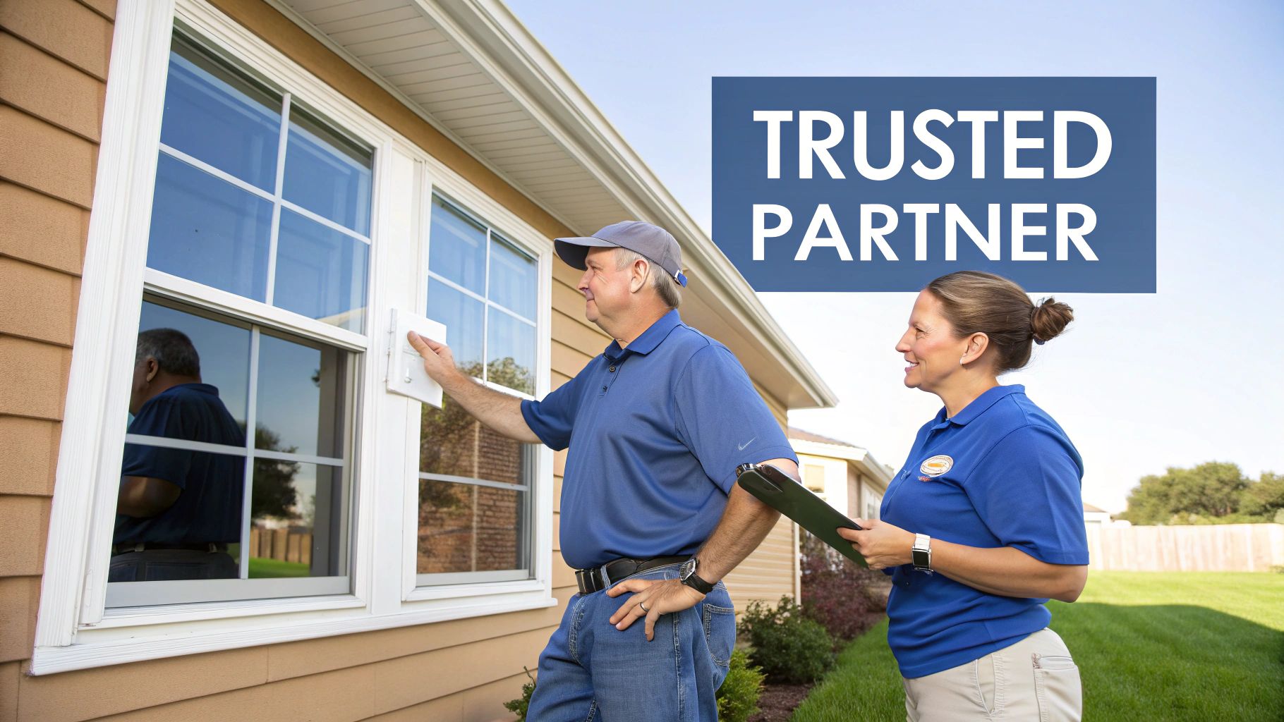 Two uniformed professionals inspect house windows, with a 'Trusted Partner' overlay, signifying reliable service.