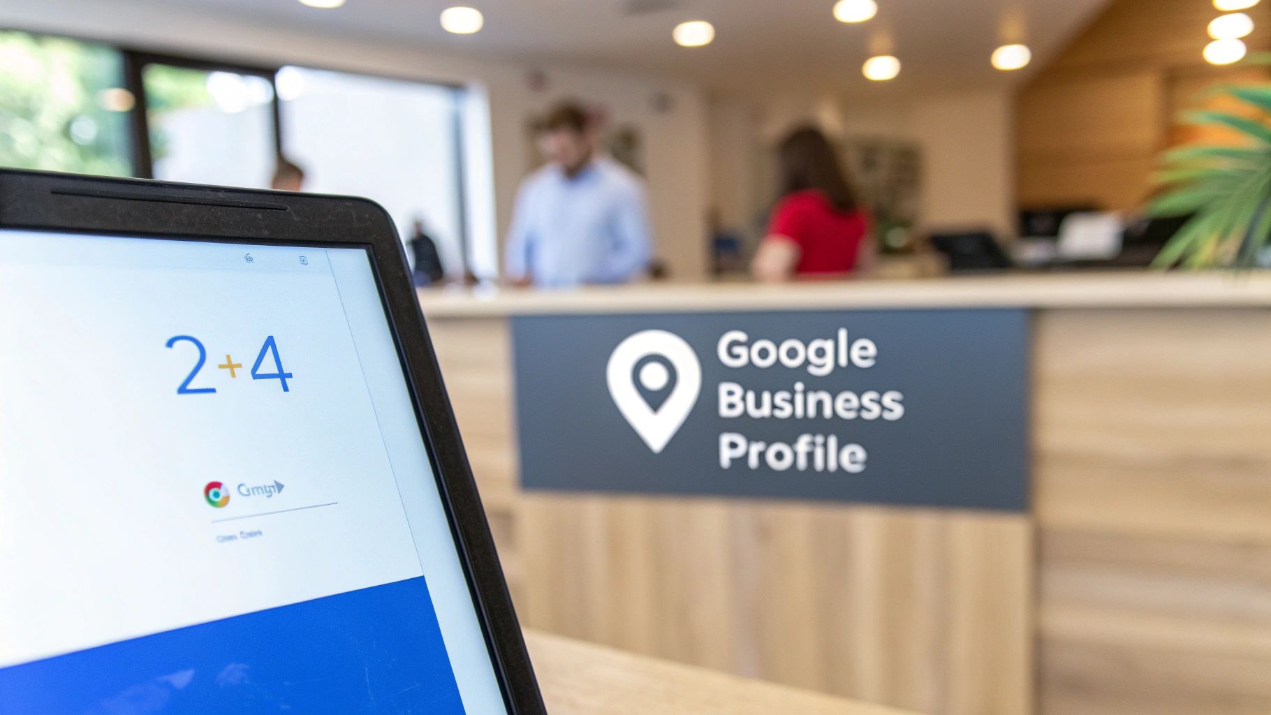 A laptop screen showing '2+4' and a Google Business Profile sign in an office setting.