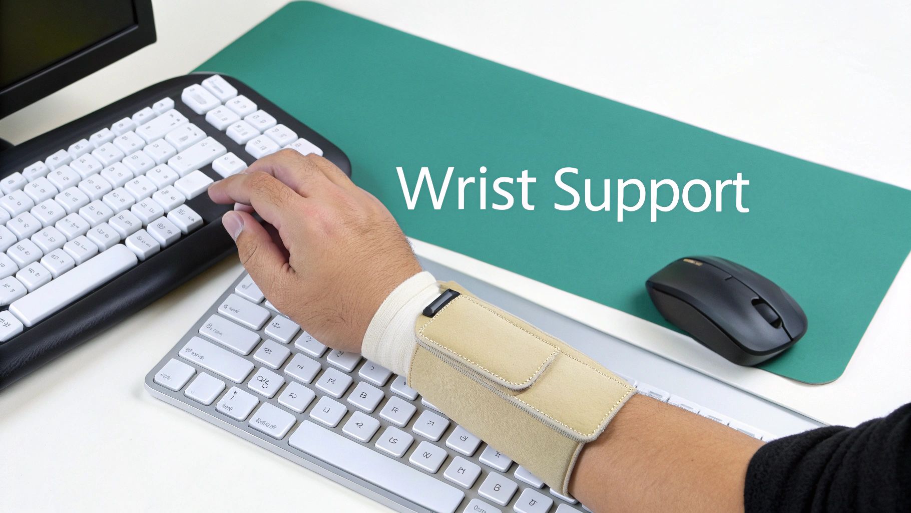 Close-up of a person wearing a beige wrist support while typing on a computer keyboard, with a mouse nearby.