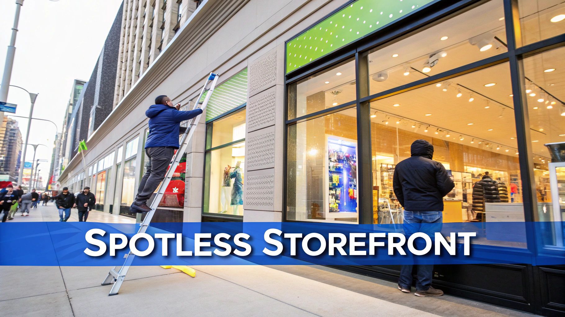 A person on a ladder cleans a vibrant green storefront window, while another looks into the bright shop.