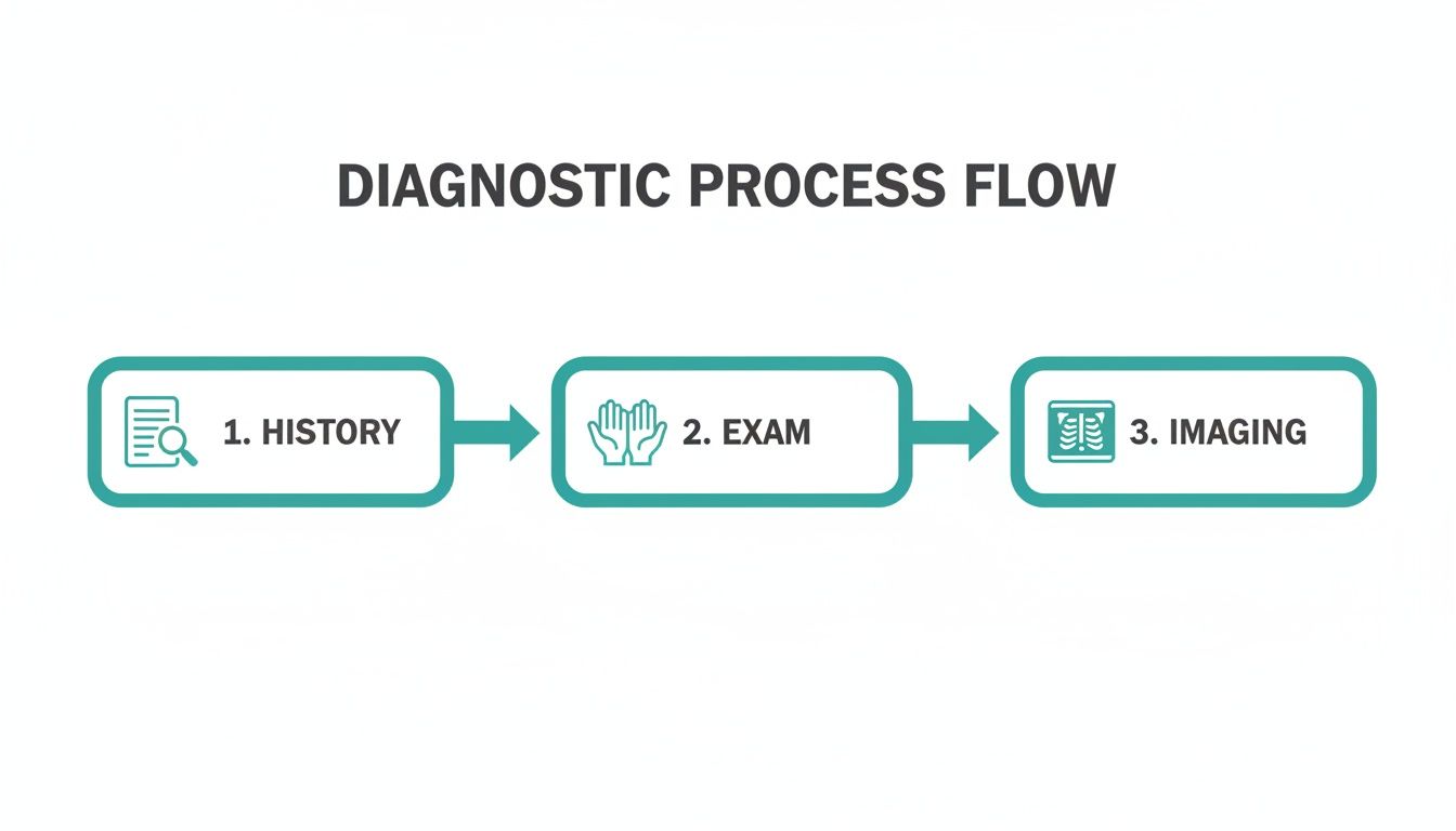 Flowchart showing diagnostic process steps: History, Exam, and Imaging for patient assessment.