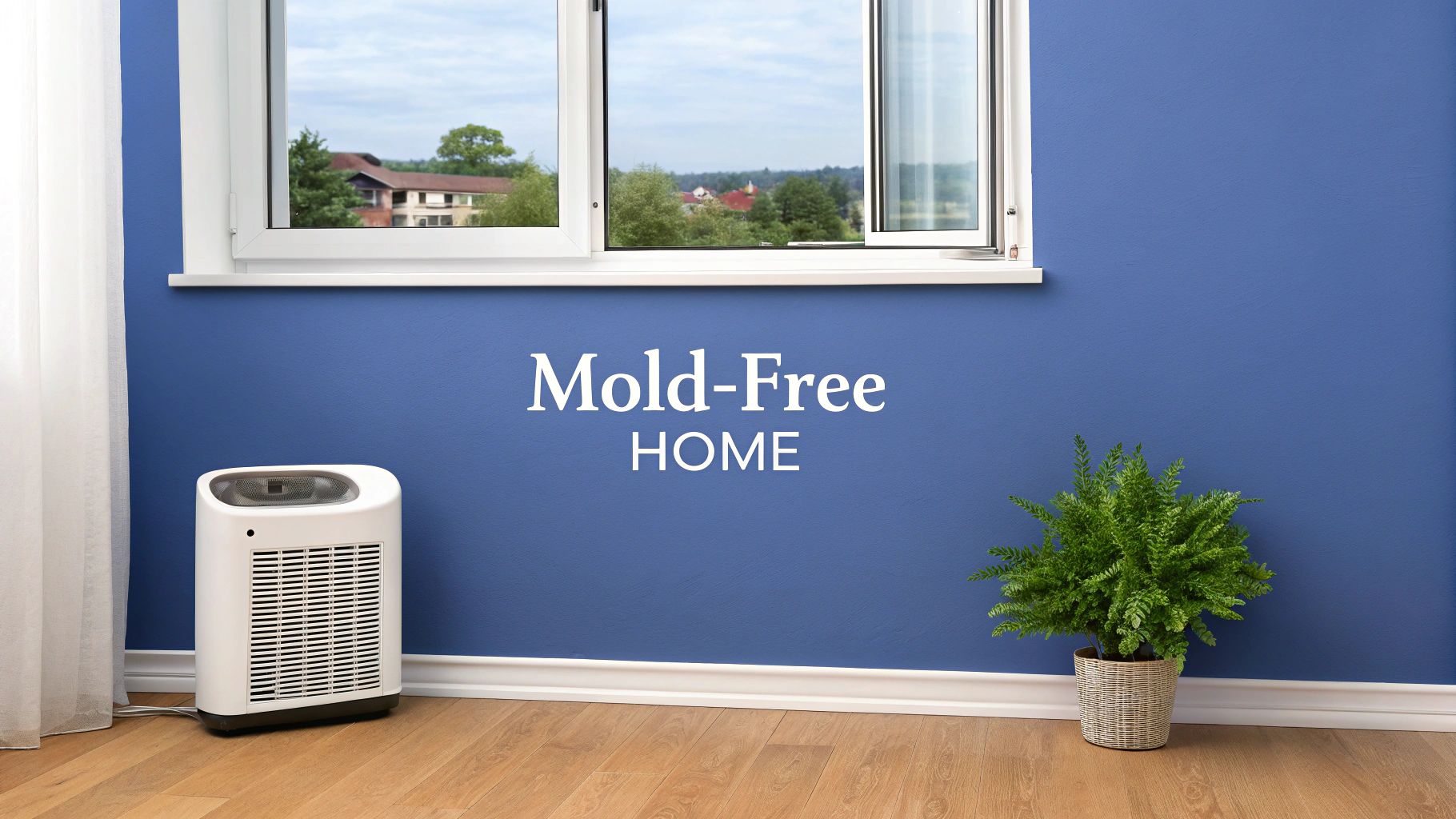 A blue room featuring a window, a white air purifier, and a green potted plant, promoting a mold-free home.