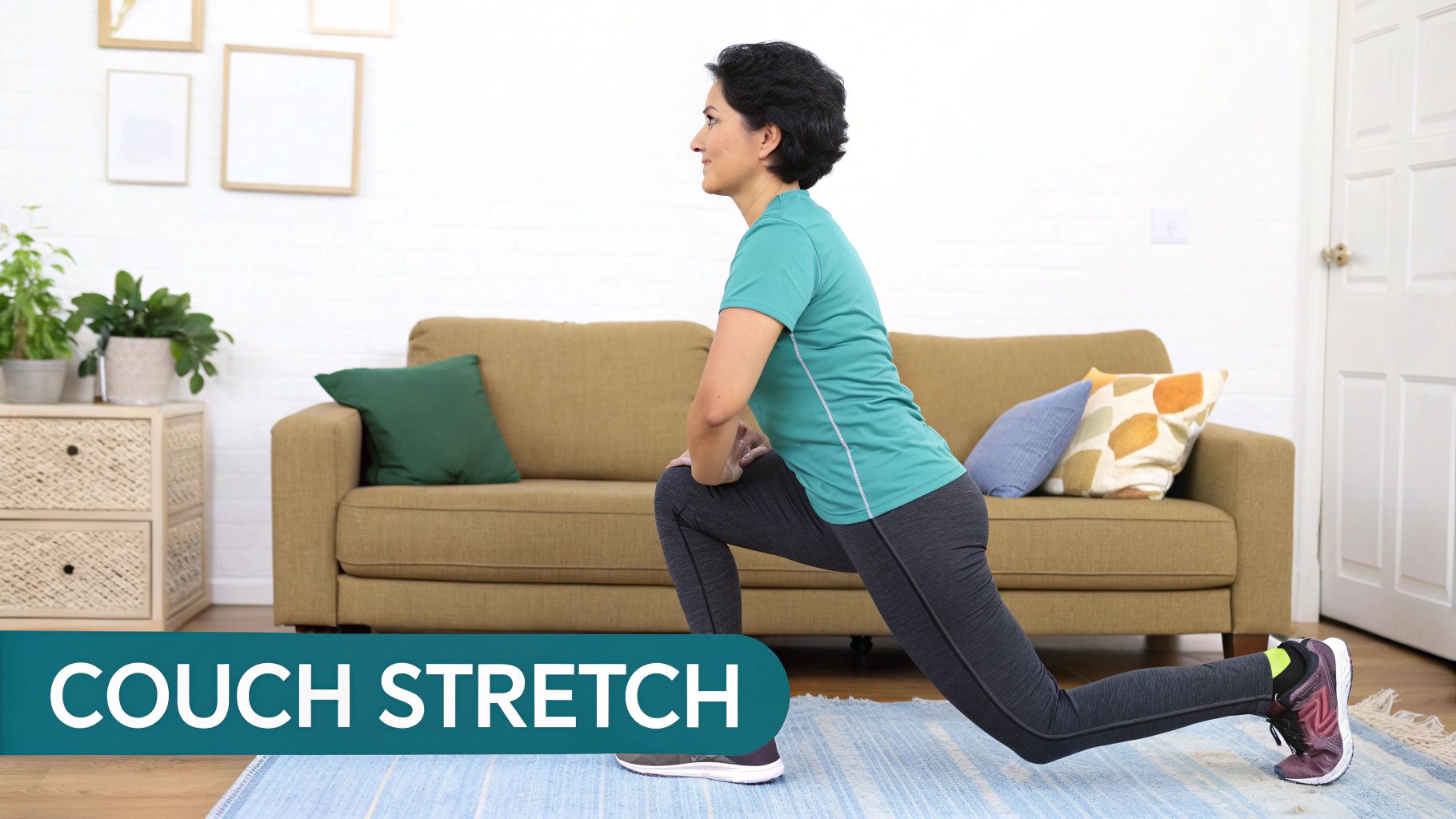 A woman demonstrates a lunge or couch stretch on a rug in a modern living room setting.