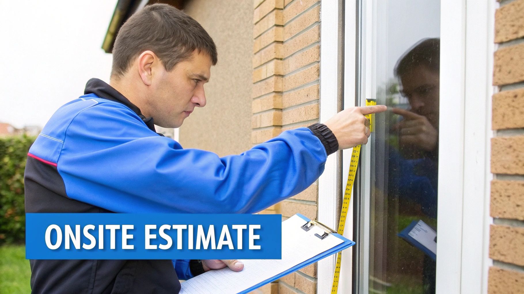 A man in a blue jacket measures a window with a tape measure for an onsite estimate.