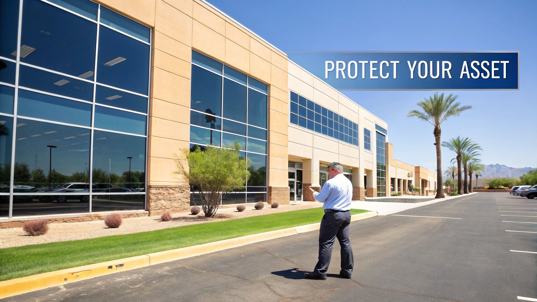 Man inspecting a commercial building with reflective windows under a 'Protect Your Asset' banner.