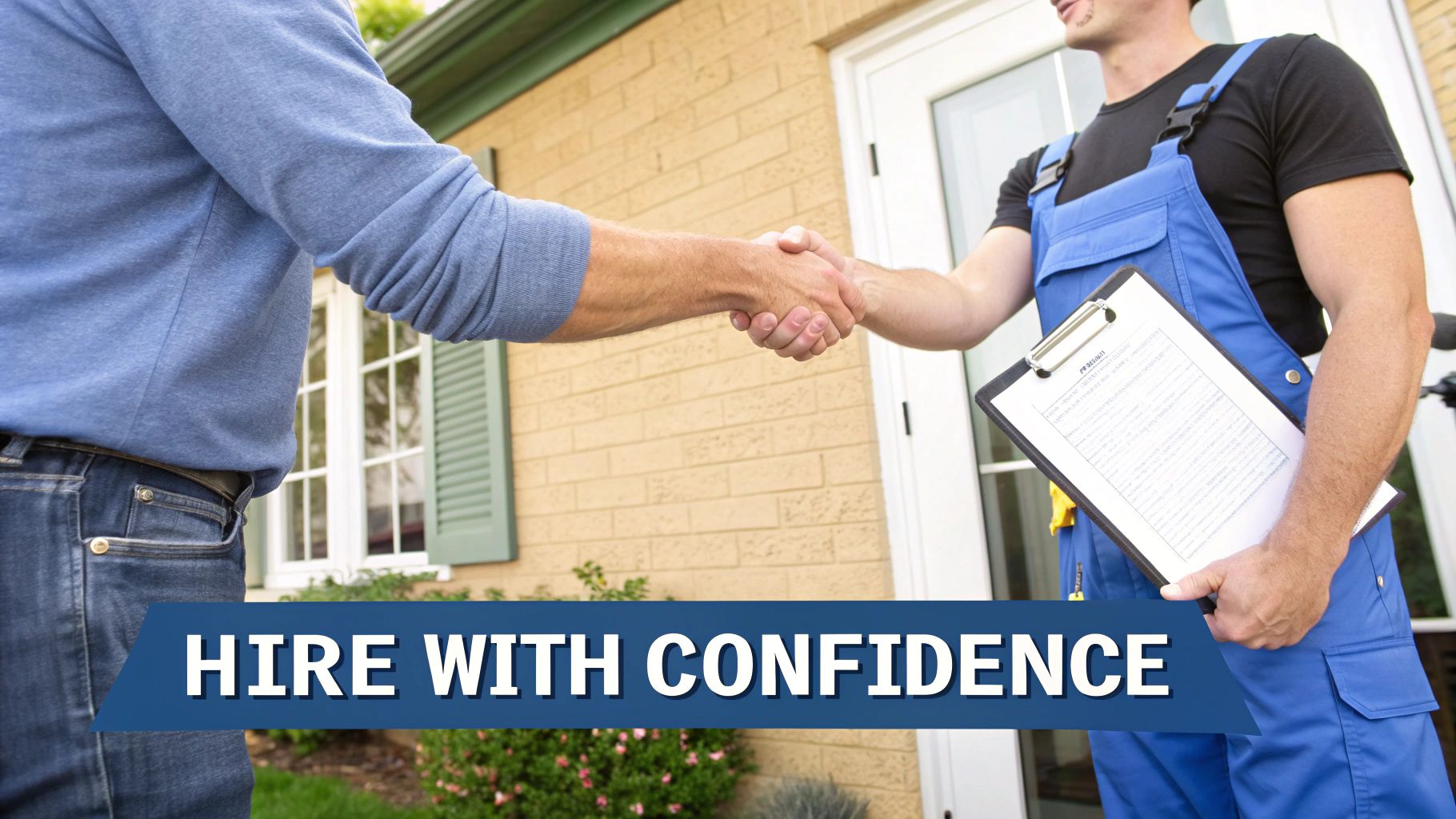 A homeowner shaking hands with a professional worker in blue overalls, promoting trust.