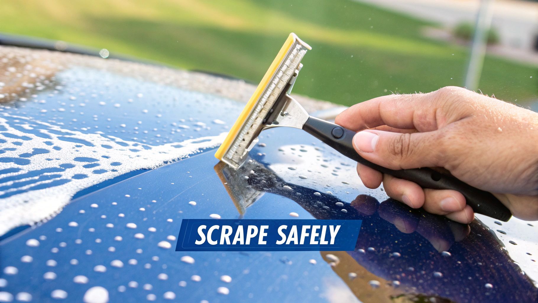 A hand uses a yellow scraper tool on a blue, soapy car surface, emphasizing safe scraping.