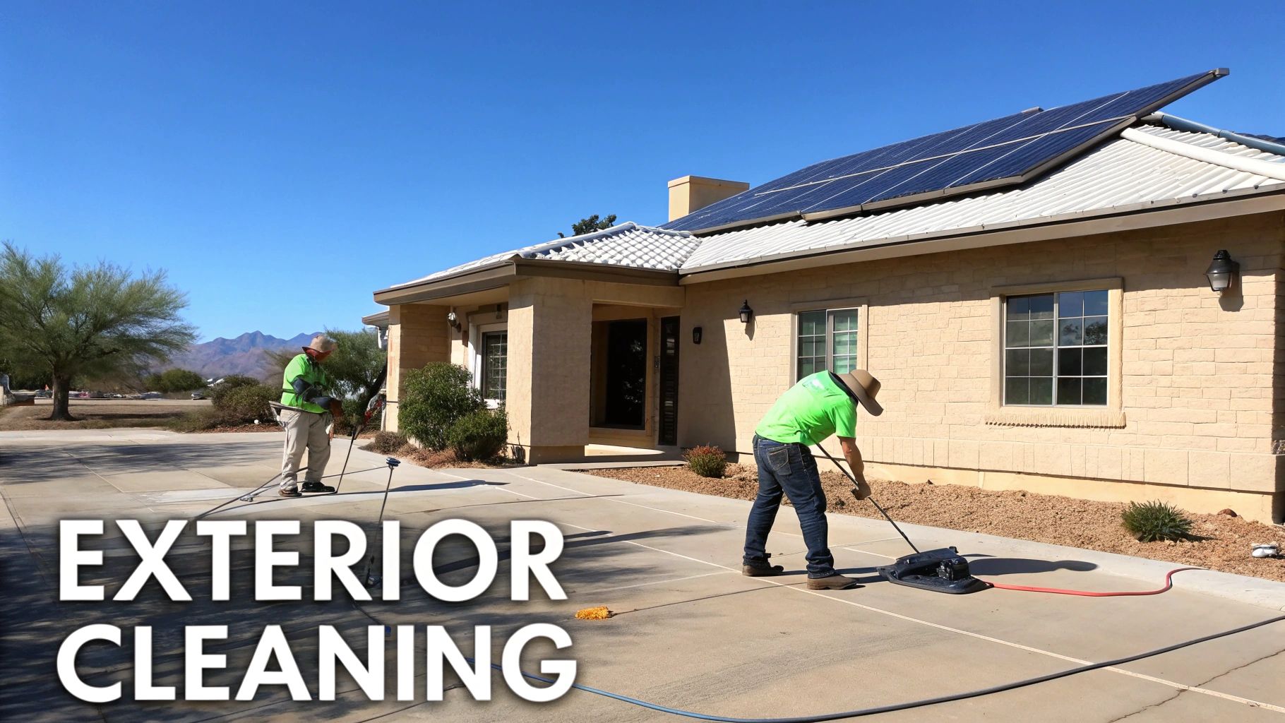 Two men pressure washing a large residential driveway under a clear blue sky.