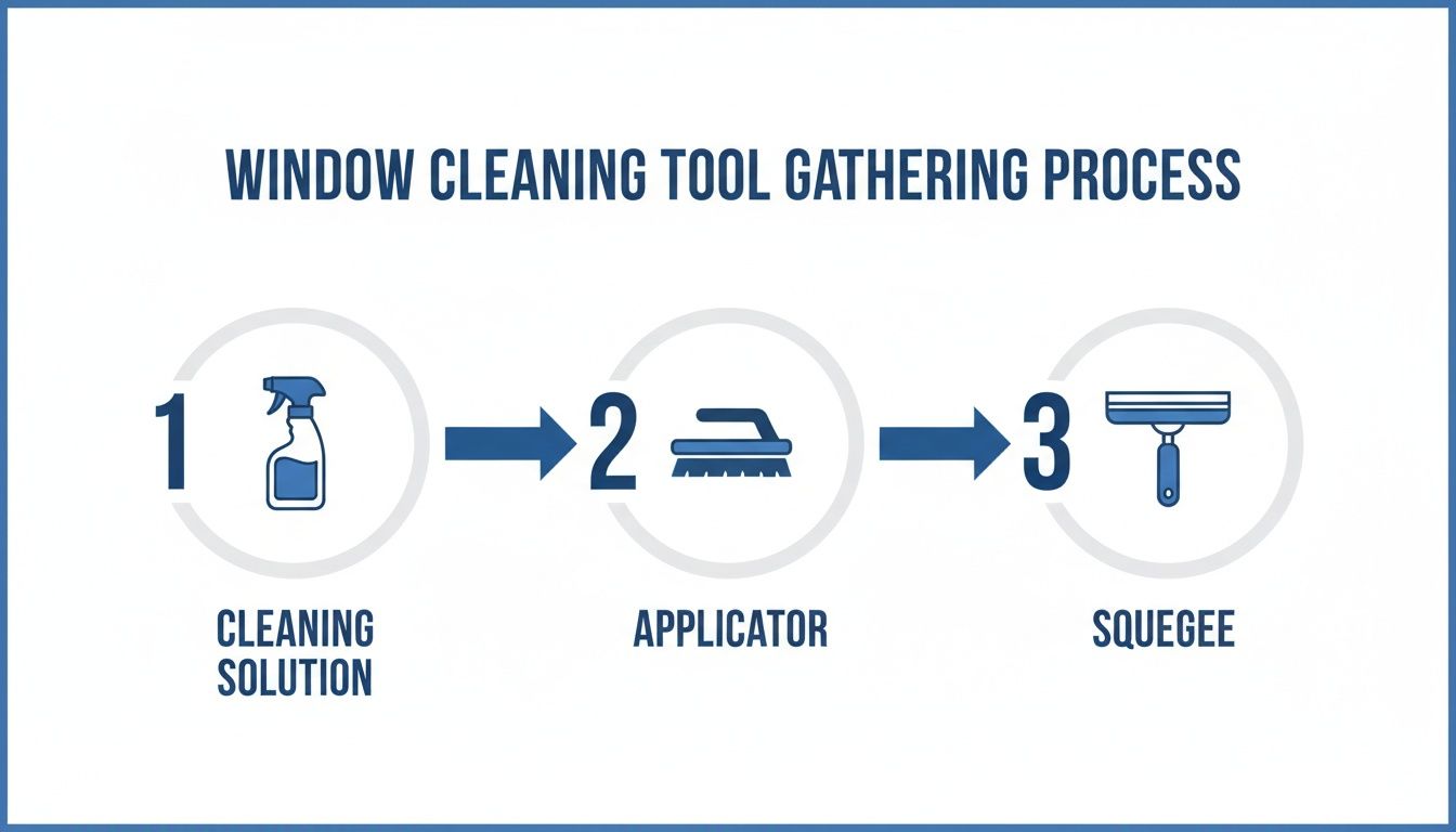 A step-by-step diagram showing essential window cleaning tools: cleaning solution, applicator, and squeegee.