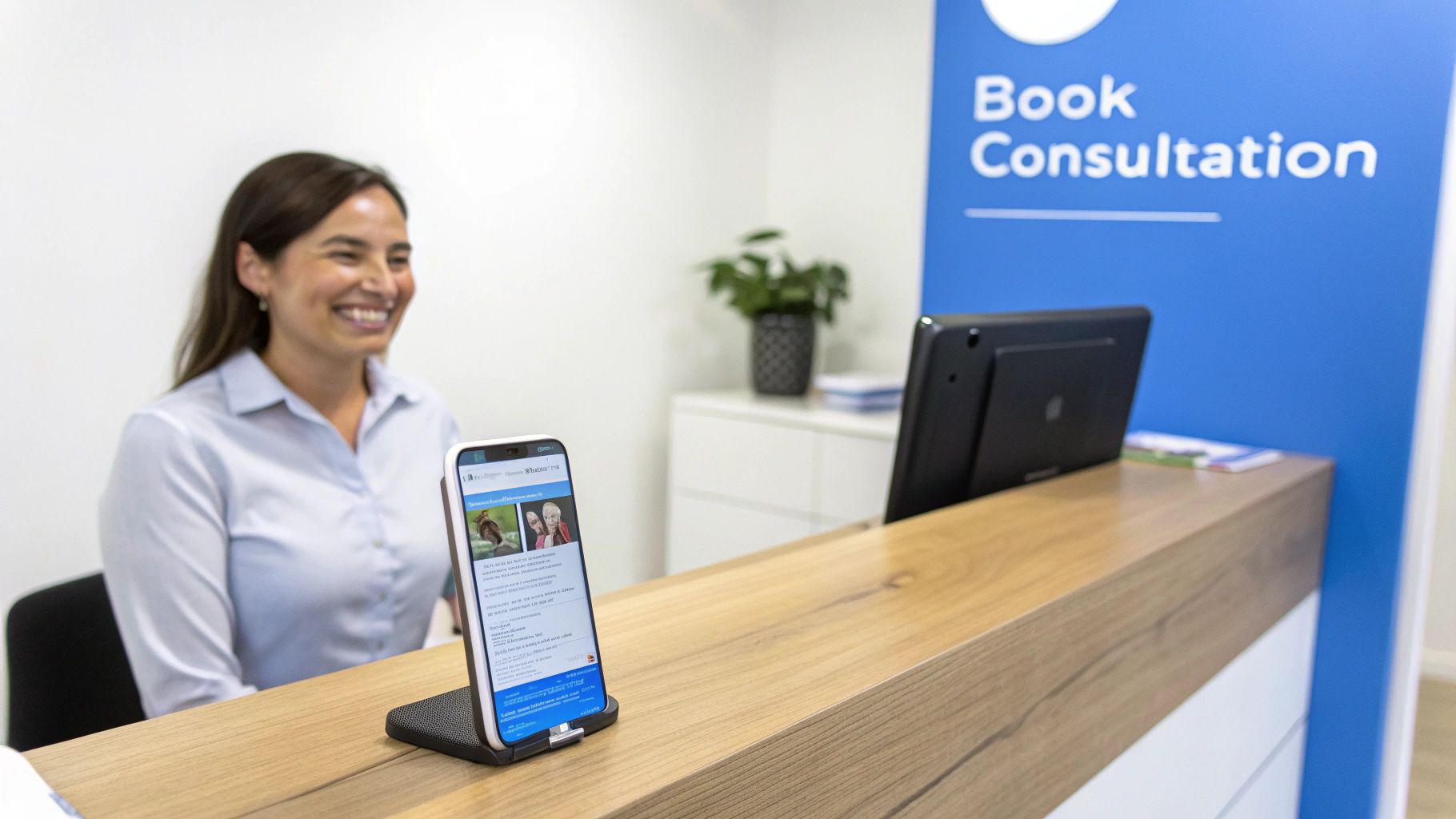 Smiling woman at a modern reception desk with a smartphone and a 'Book Consultation' sign.