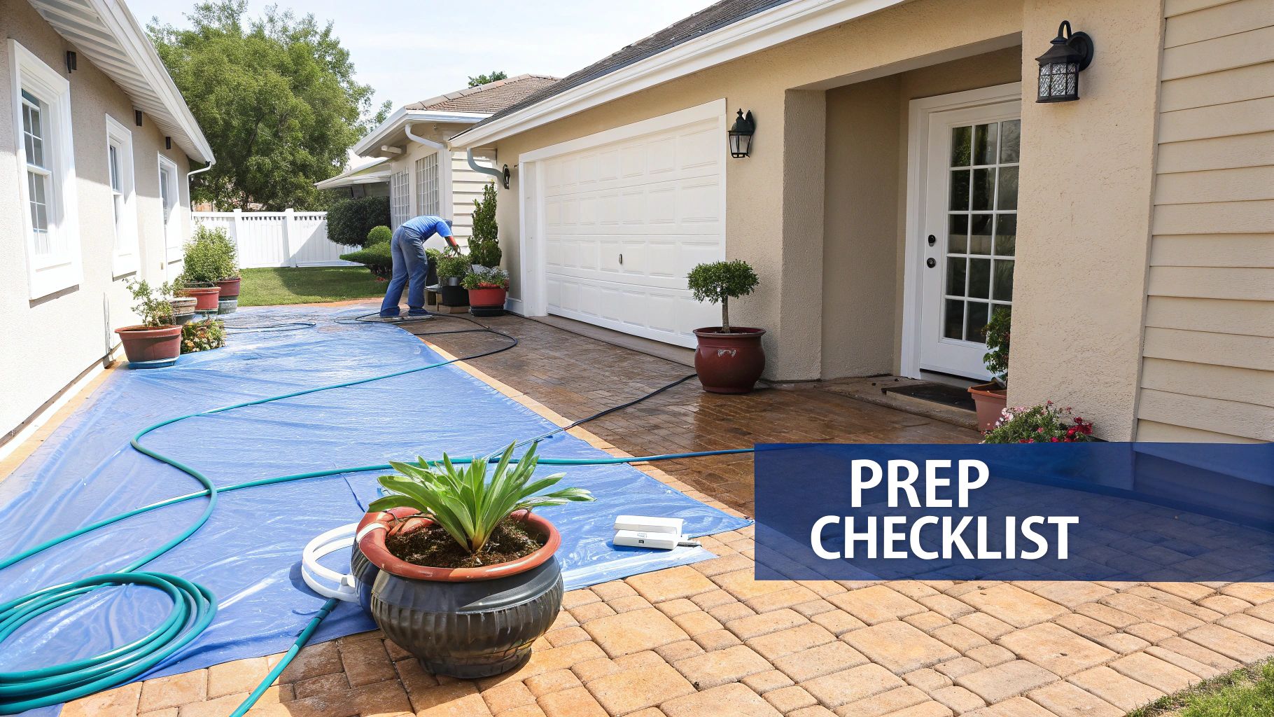 Homeowner preparing pool area with blue cover and checklist overlay for pressure washing house