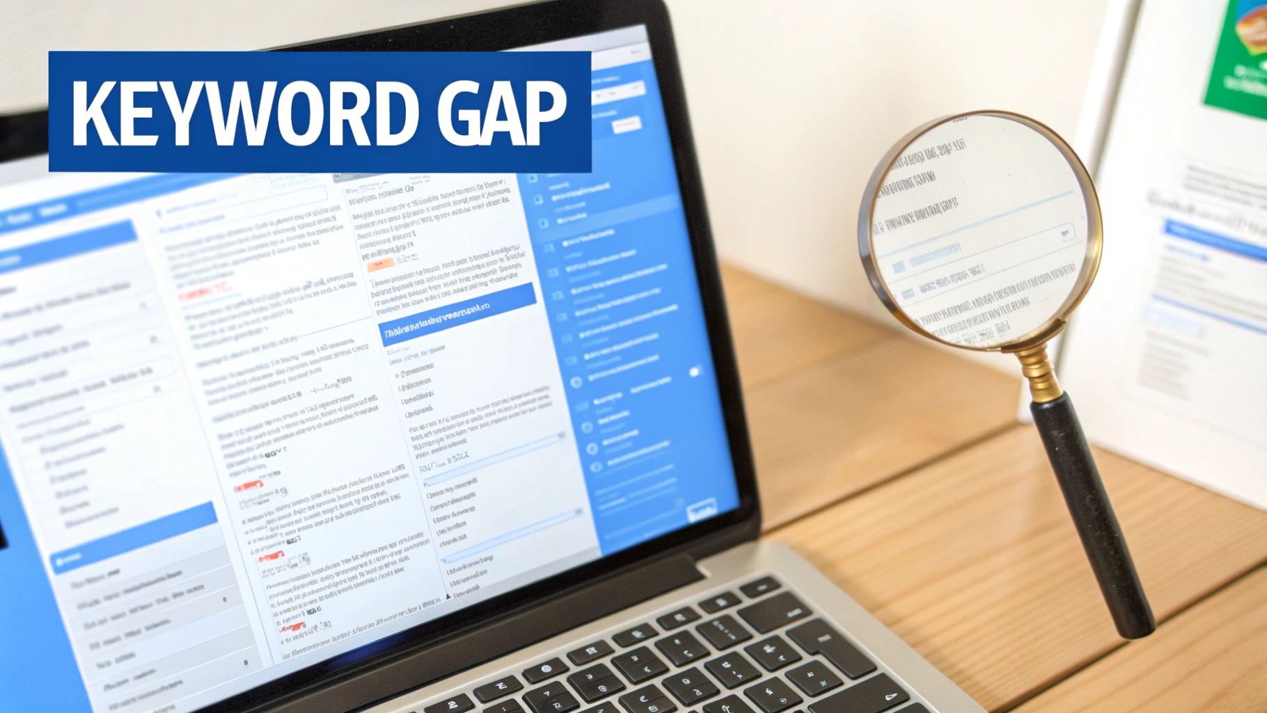 A laptop screen displaying keyword research data with a magnifying glass, highlighting the 'KEYWORD GAP' strategy.