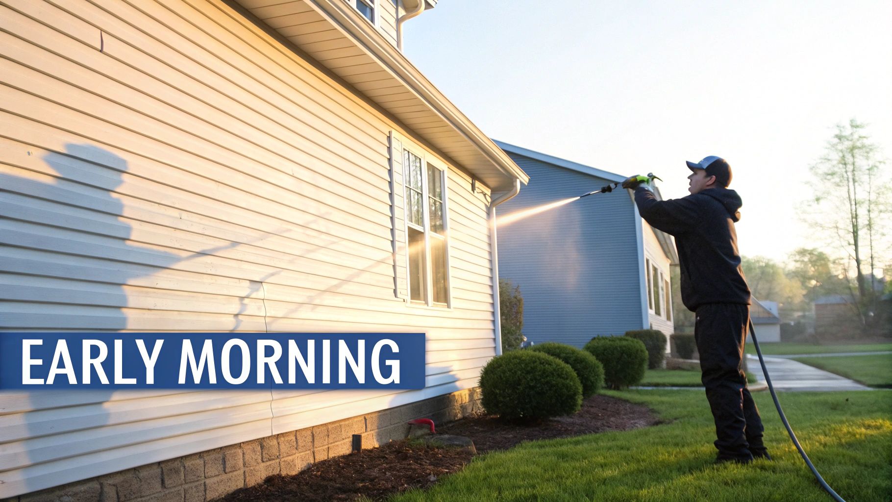 Clean house exterior with a lush green lawn after pressure washing