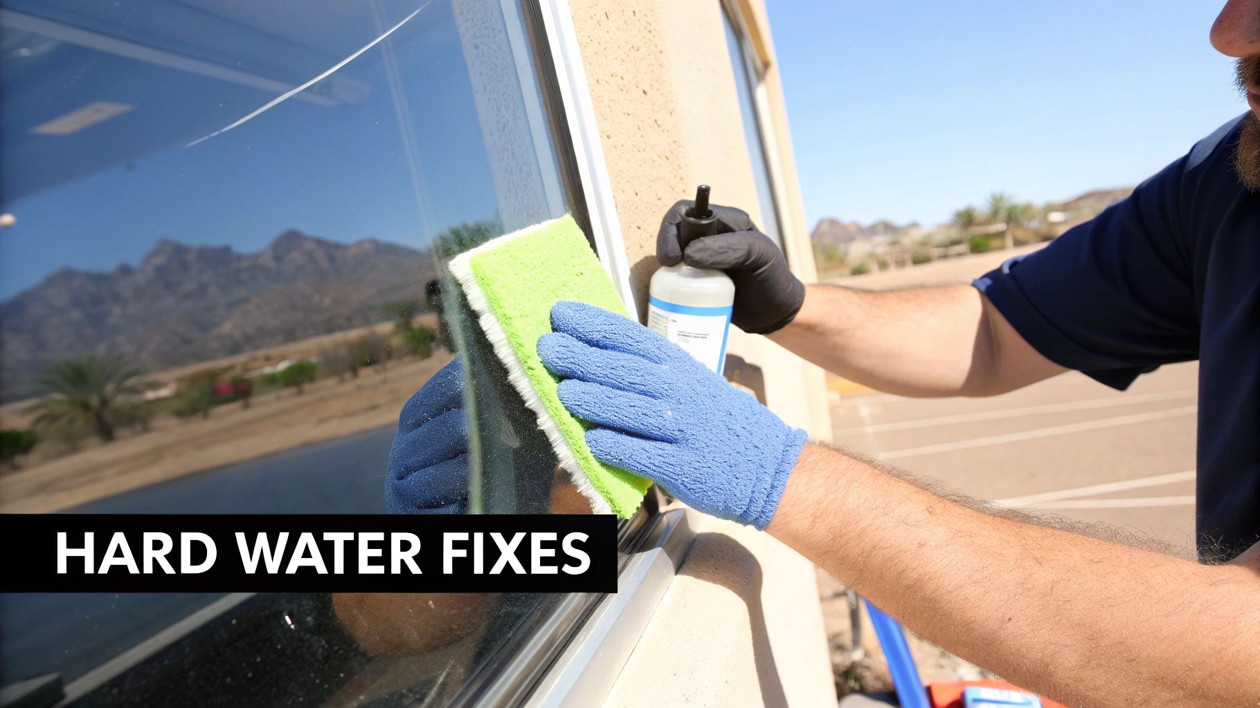A window with a beautiful, clear view of a desert landscape.
