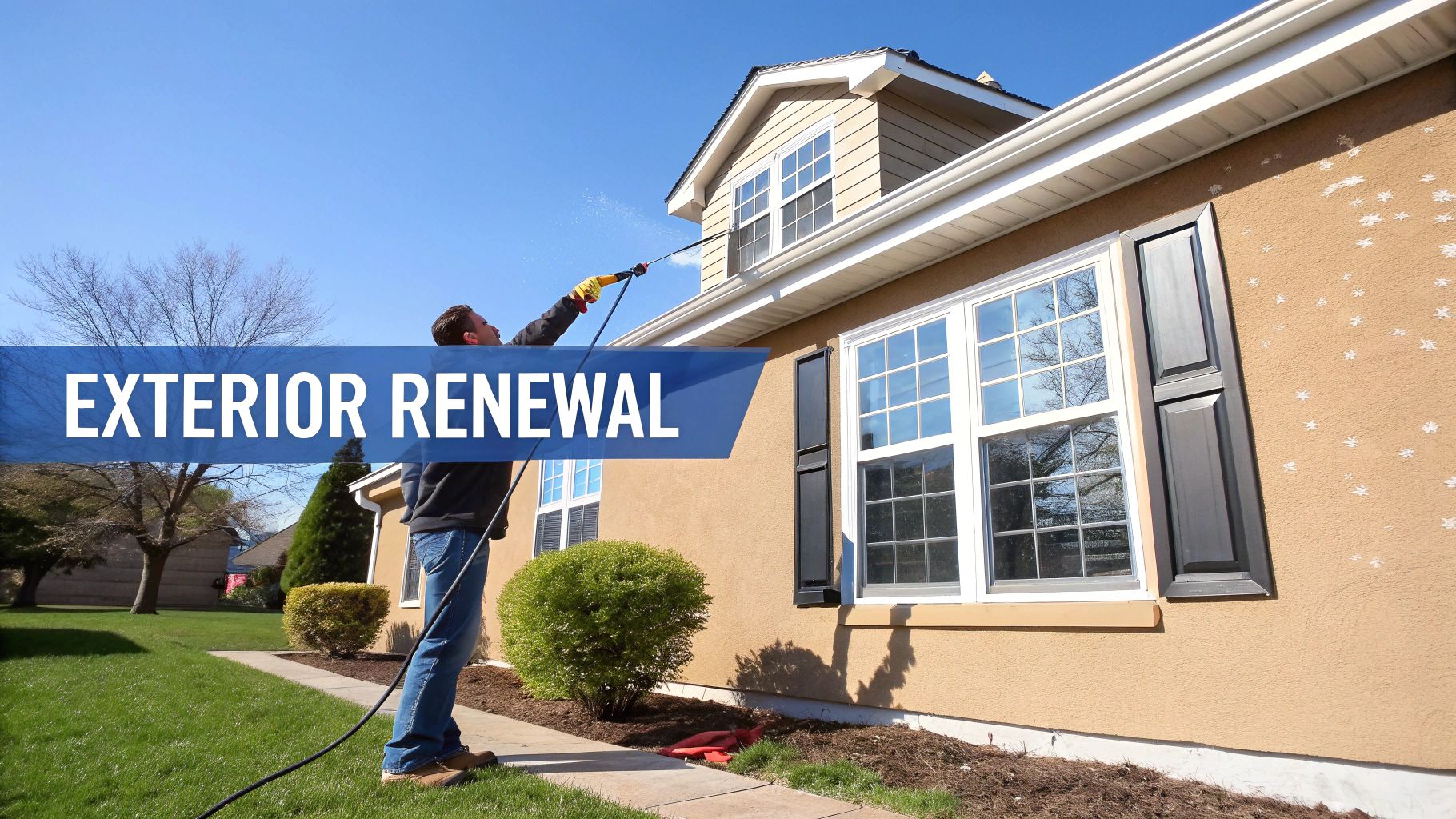 Man power washing the exterior of a tan house with white windows and black shutters under a blue sky.