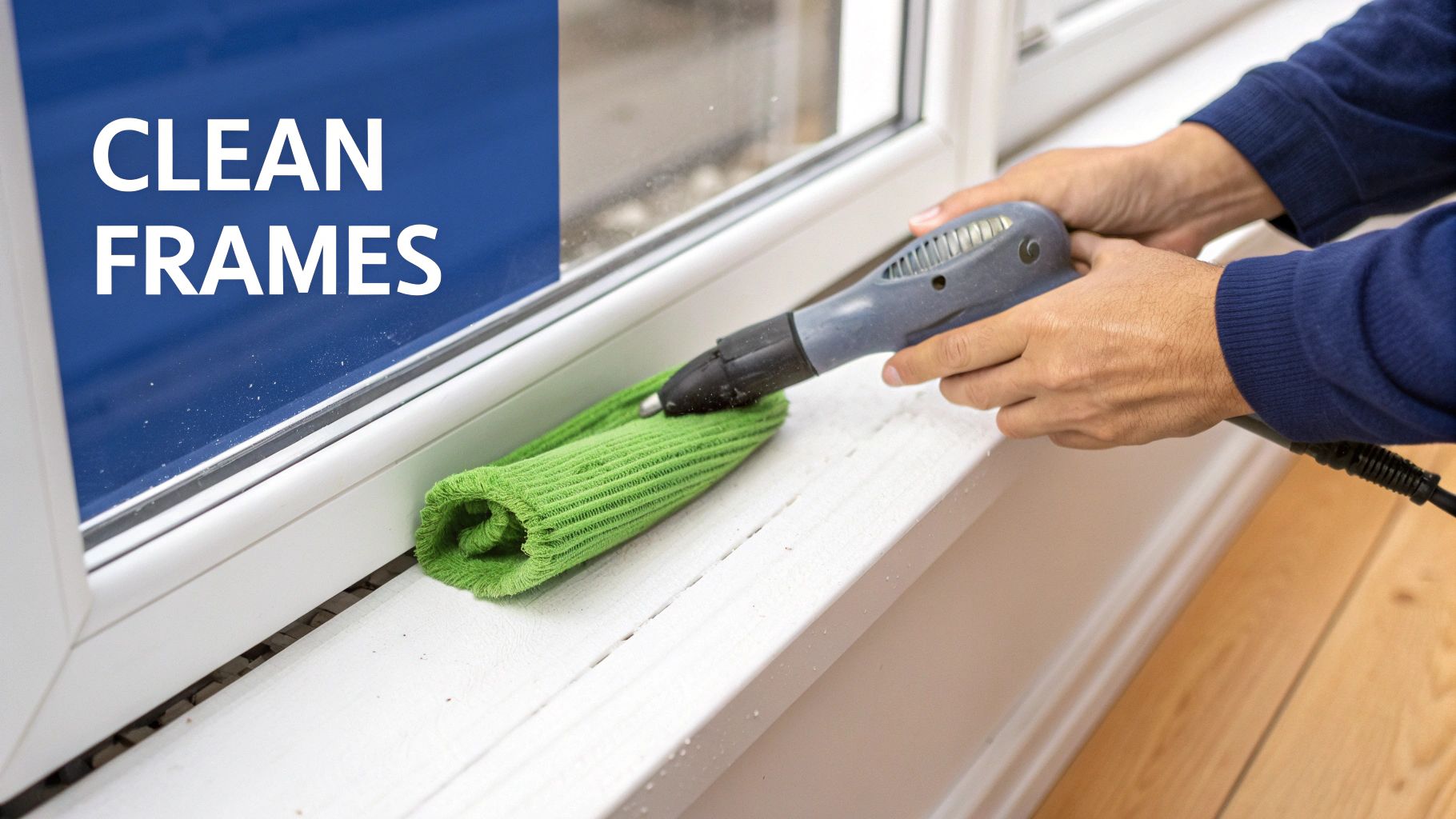 A person uses a steam cleaner and green cloth to clean a dirty white window frame.