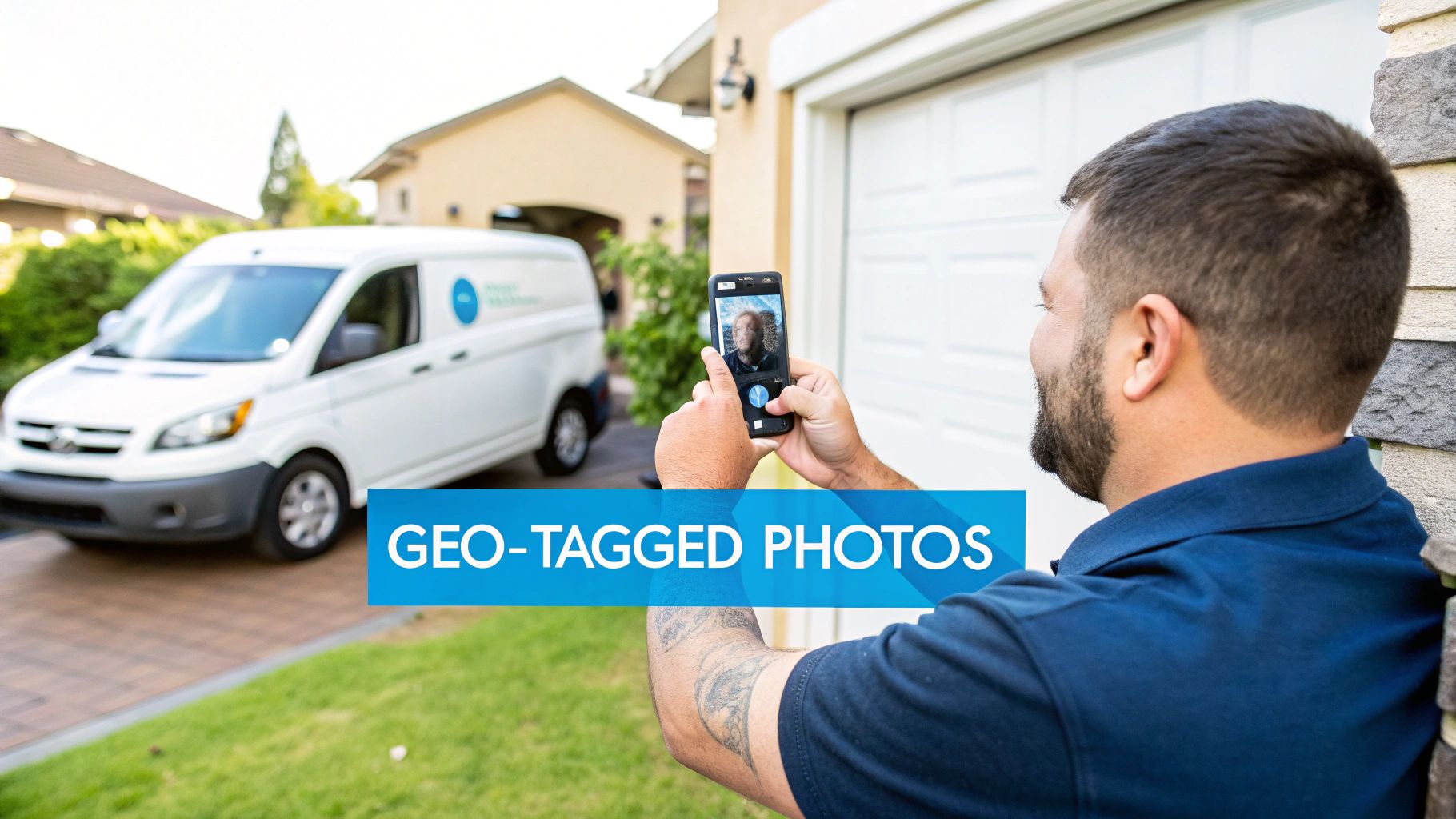 Service technician taking a geo-tagged photo with a smartphone outside a house with a white van.
