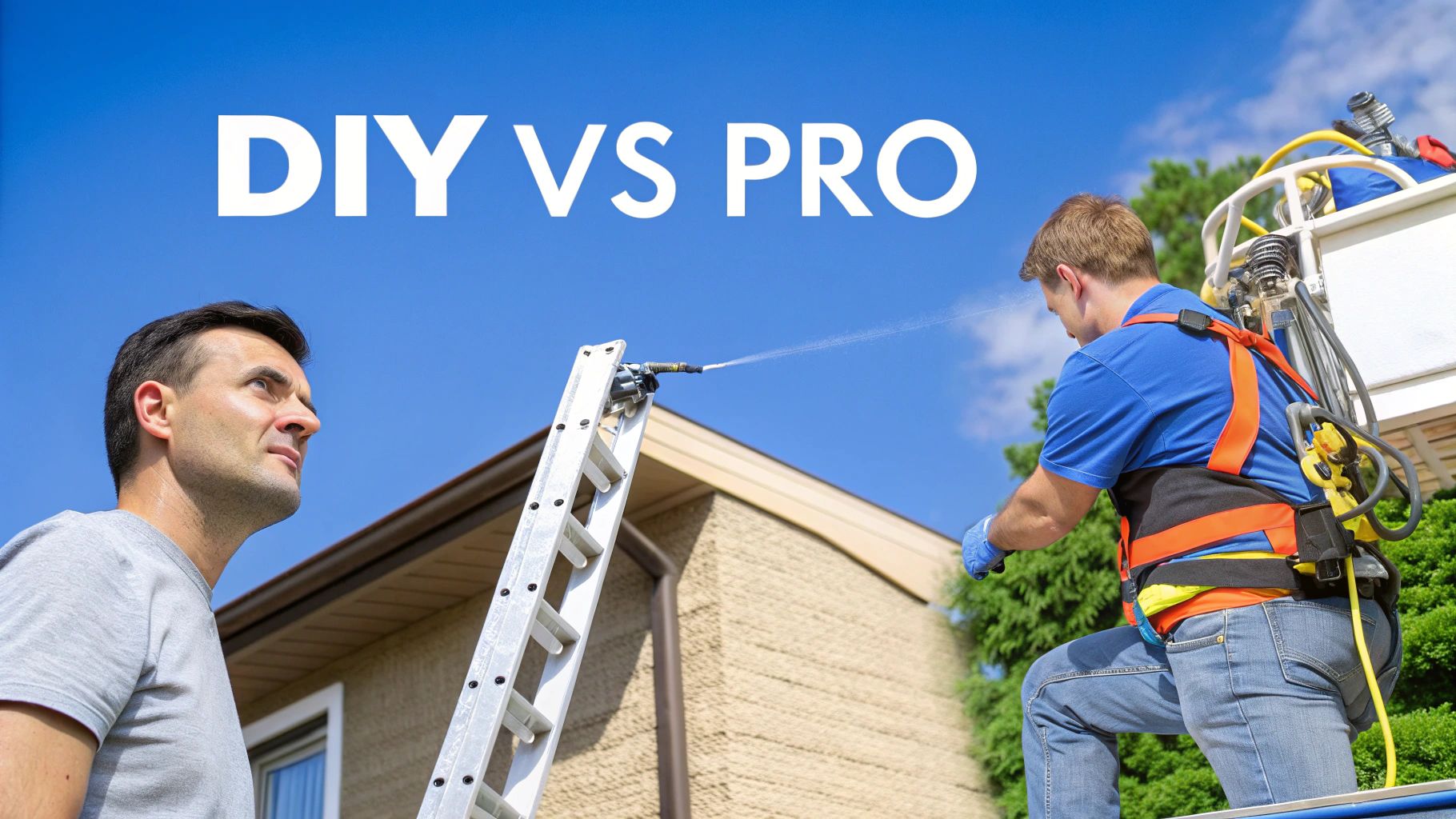 A man observing a professional in a lift pressure washing a house, representing DIY vs. Pro services.