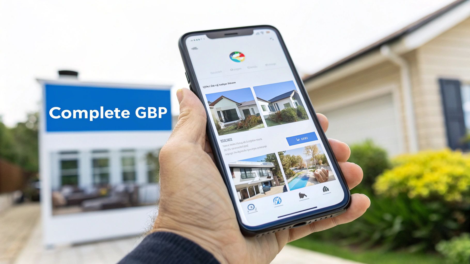 A hand holds a smartphone displaying a real estate app with various houses, next to a 'Complete GBP' sign.